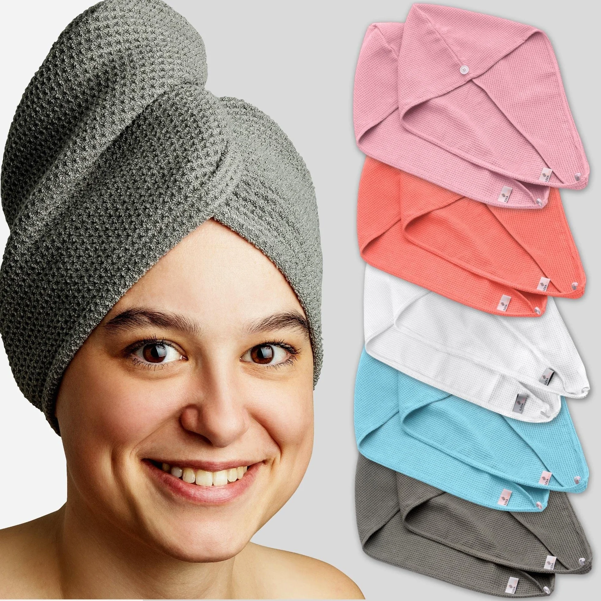 turban do włosów, ręcznik z guzikiem (2 sztuki, jasnoniebieski), ręcznik z mikrofibry na głowę i długie włosy