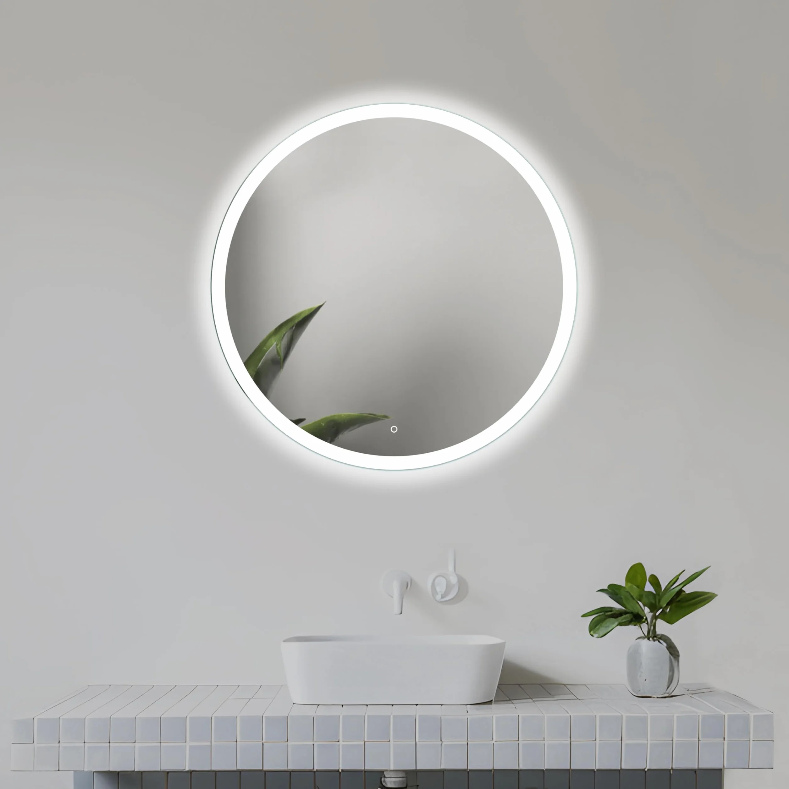 50 cm Okrągłe lustro łazienkowe z oświetleniem LED, Okrągłe lustro ścienne LED z włącznikiem, Lustro z naturalnym białym z światłem, Podświetlane z przodu