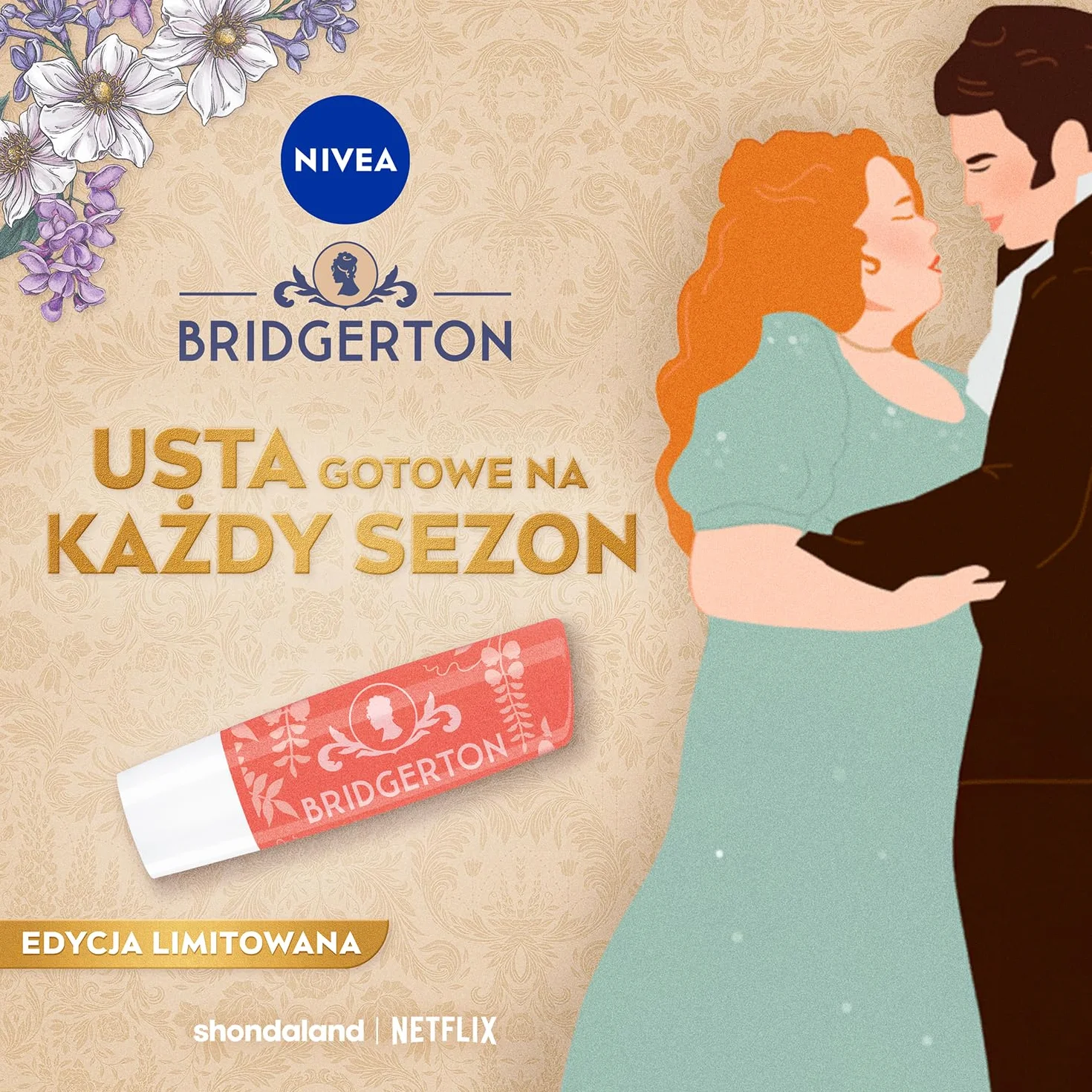 NIVEA Bridgerton Edition Pielęgnująca pomadka do ust Peach Tea Penelope & Colin 4,8g