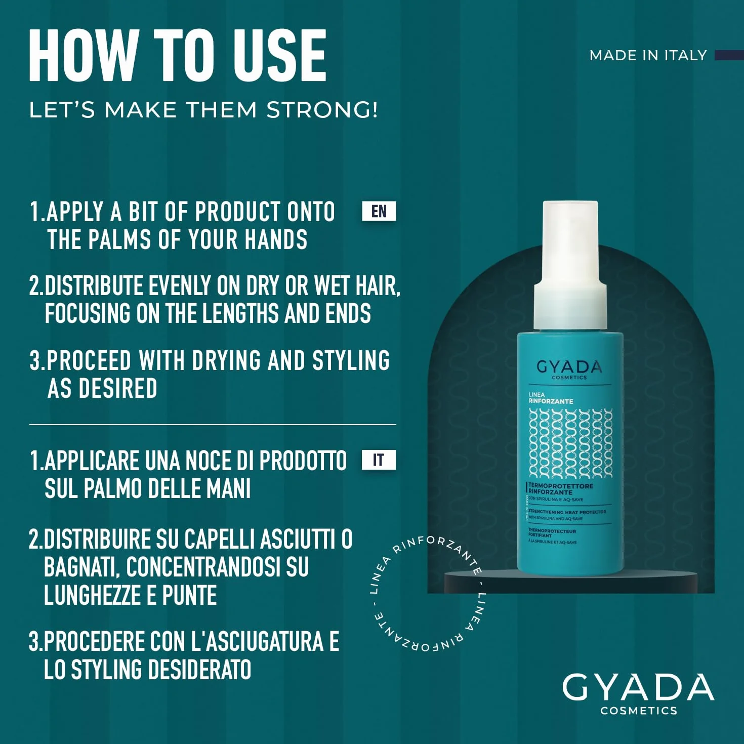 GYADA COSMETICS, Termoprotektor wzmacniający ze spiruliną i AQ-SAVE, termoprotektor do włosów o działaniu regenerującym, do włosów nawilżonych, bez nge i bez ważenia, 100 ml