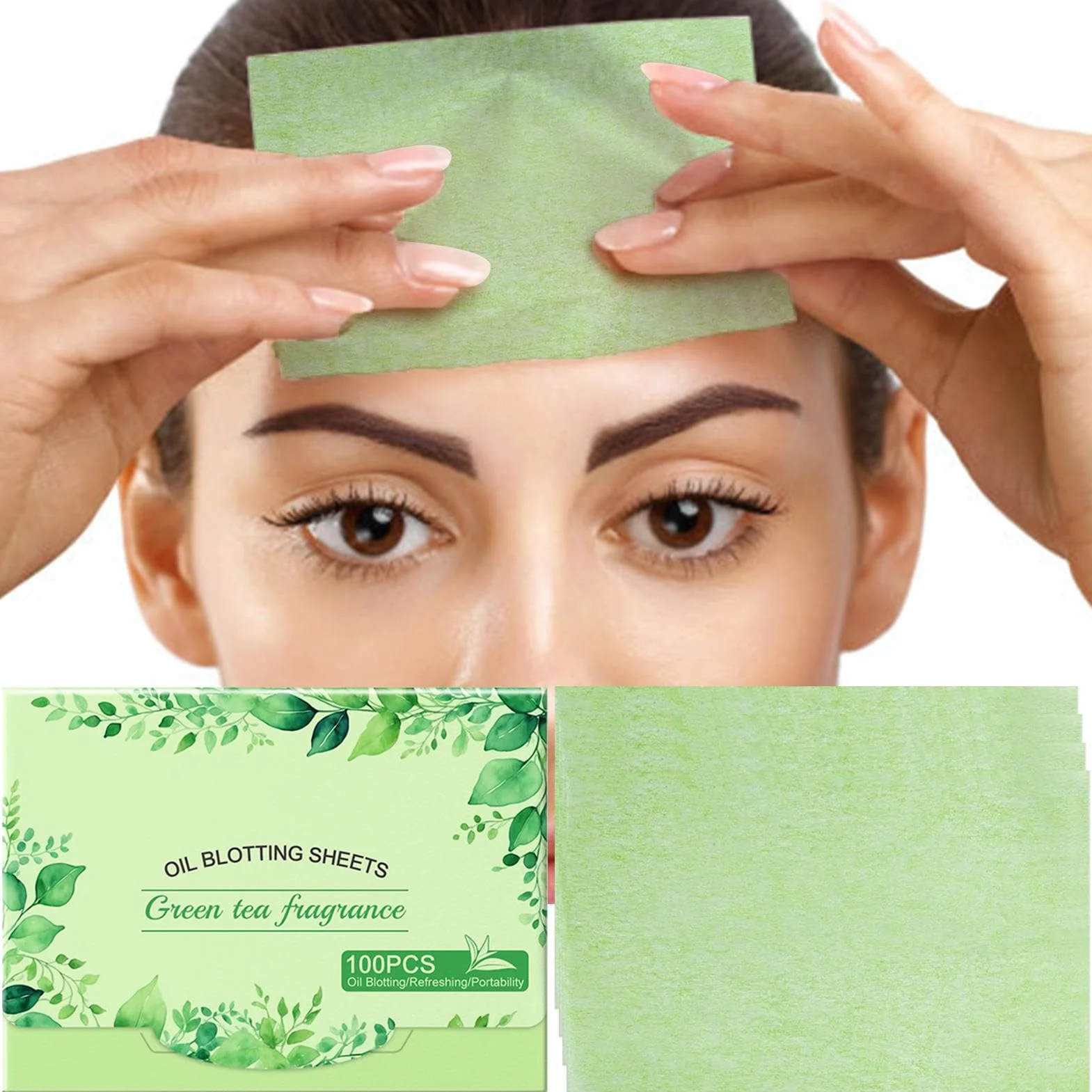 Oil Blotting Sheets, Face Absorbing Paper, Shine Makeup Friendly Pads, Gentle Non-Sticky Texture, 100 Count Wipes, Ideal for Freshening, Oily Skin Control, Green
