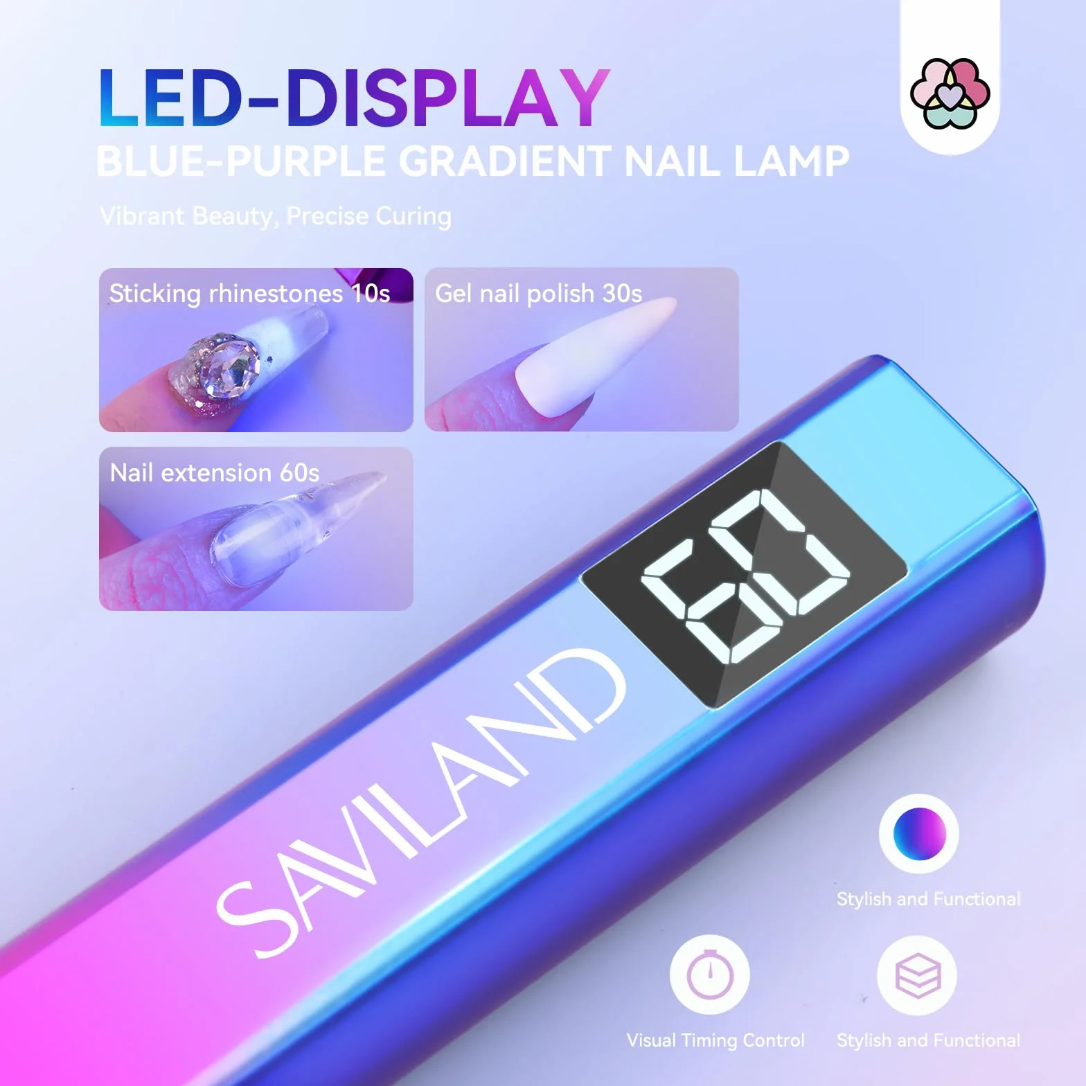 Saviland Lampa UV do żelowych paznokci 16 W, ręczna lampa do paznokci z wyświetlaczem LCD, możliwość ponownego ładowania, LED UV do utwardzania kleju i tipsów