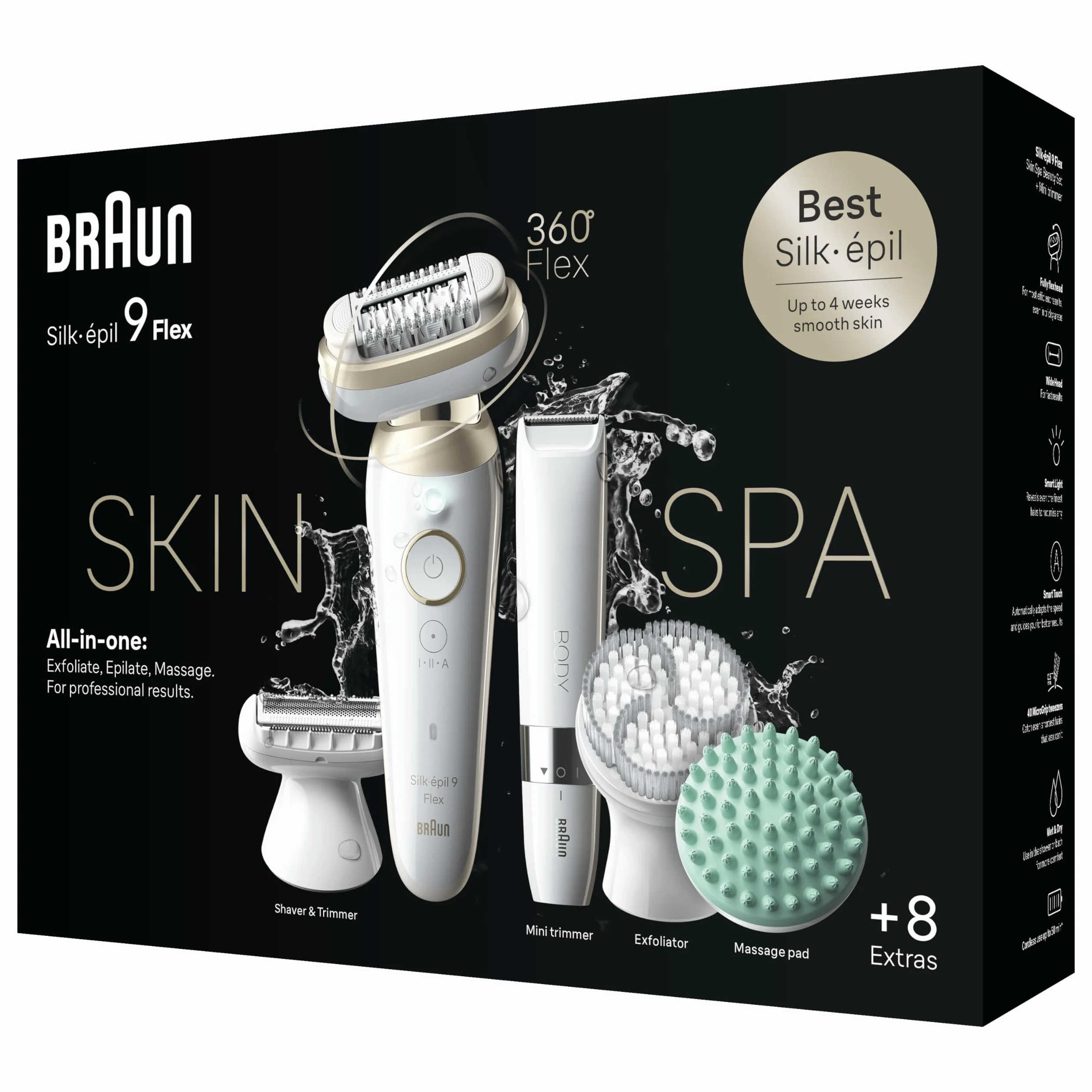 Braun Silk-épil 9 Flex SkinSpa All-in-One Set, depilator damski/depilator do długotrwałego usuwania włosów, mini golarka do ciała, 9-481 3D, biały/złoty