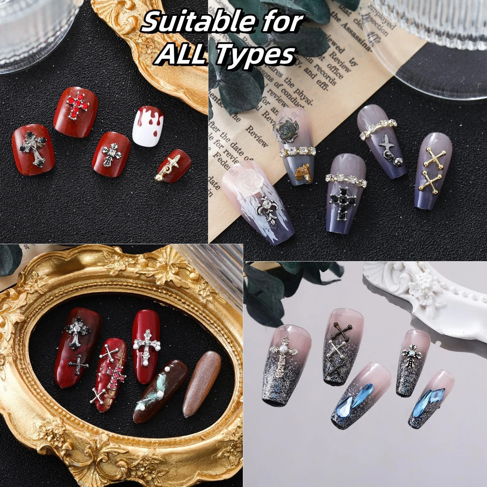 100 sztuk zawieszek do paznokci krzyżowych, dekoracja 3D do zdobienia paznokci, perłowe kamienie szlachetne, diamentowe ozdoby do paznokci, stop metalu, kryształ górski