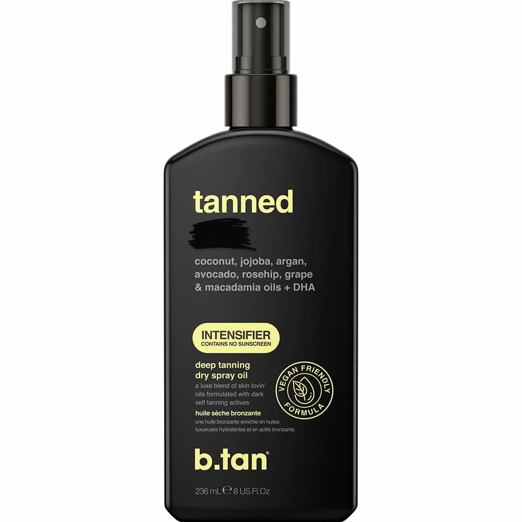 b.tan Intensifier Deep Tanning Dry Spray Oil | Opalony AF – uzyskaj szybszą, ciemniejszą opaleniznę dzięki aktywnym składnikom przyspieszającym opalanie, wypełniony olejkami ultra nawilżającymi, aby utrzymać skórę nawilżoną, wegański, 8 uncji uncji