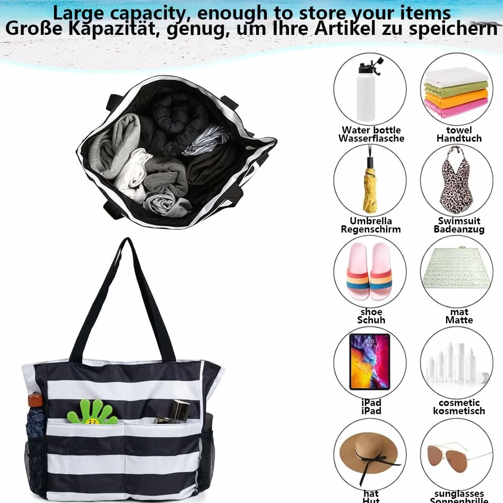 Damska torba plażowa 43 x 38 x 15 cm duża wodoodporna duża torba plażowa z zamkiem błyskawicznym torby plażowe z wieloma kieszeniami damskie torby plażowe na plażę do podróży na plażę, basen