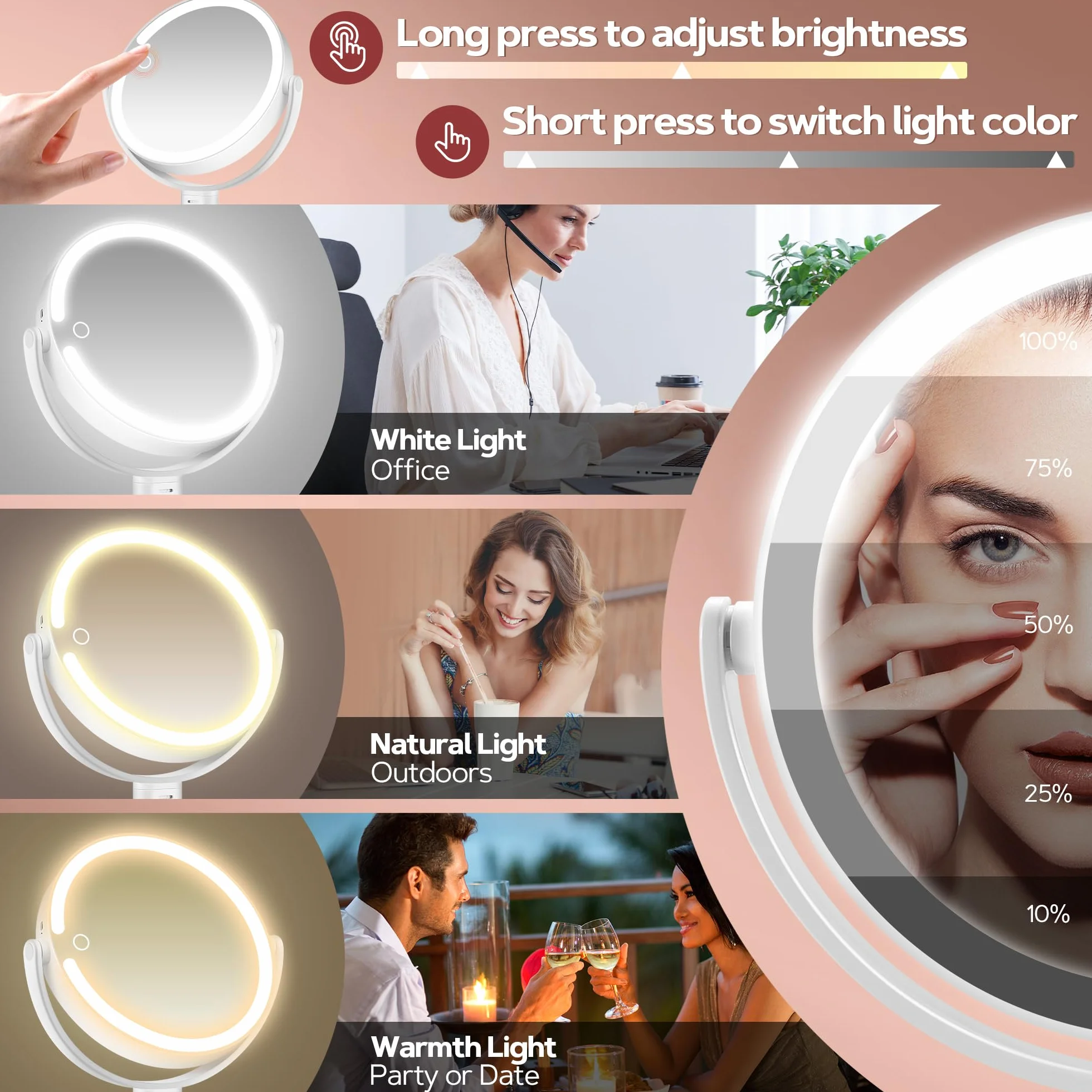 Beauty Planet Podświetlane lusterko do makijażu 20x powiększenie 3 kolory LED ściemniane regulacja wysokości
