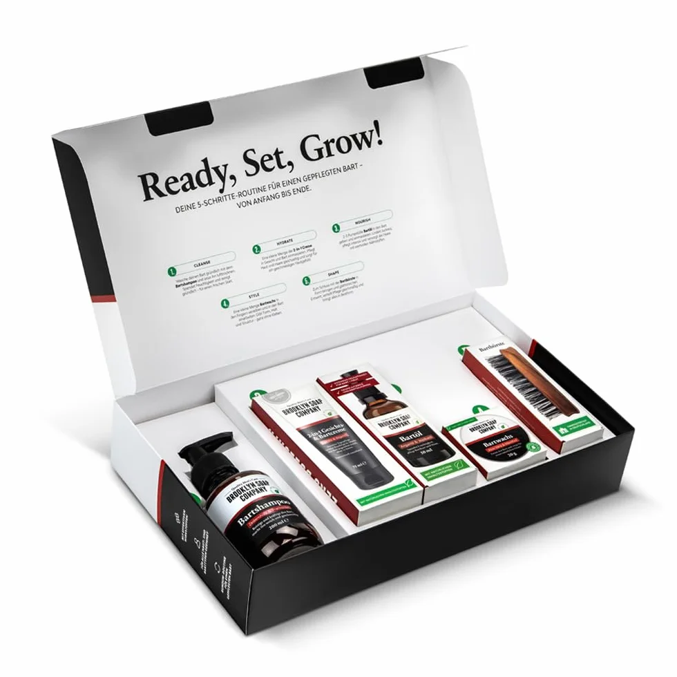Brooklyn Soap Company · Ultimate Beard Box · Zestaw do pielęgnacji brody wraz z olejkiem do brody, szamponem do brody, szczotką do brody, woskiem do brody i kremem do brody · pomysł na prezent dla