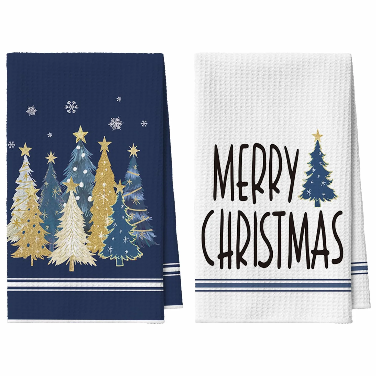 Artoid Mode Niebieskie sosny, gwiazdy, płatki śniegu, Boże Narodzenie, ręczniki kuchenne, ściereczki do naczyń, 42 x 65 cm Merry Xmas z mikrofibry, chłonne, dekoracja kuchenna, zestaw 2 szt