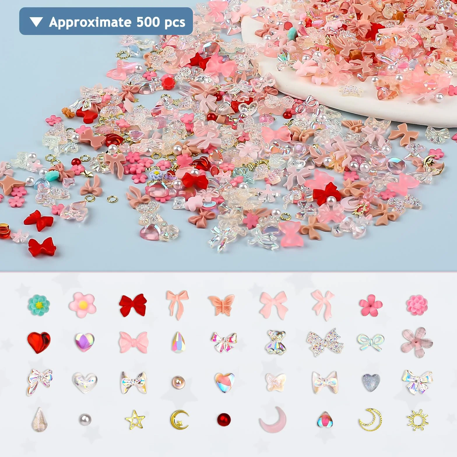 Bewudy Zestaw 500 sztuk ozdób do paznokci, dekoracja 3D, sztuczna żywica, śliczne akcesoria do manicure, kwiaty, kokardki, serca, do dekoracji paznokci, DIY (różowe), 560715_2_7ZHX175TZ