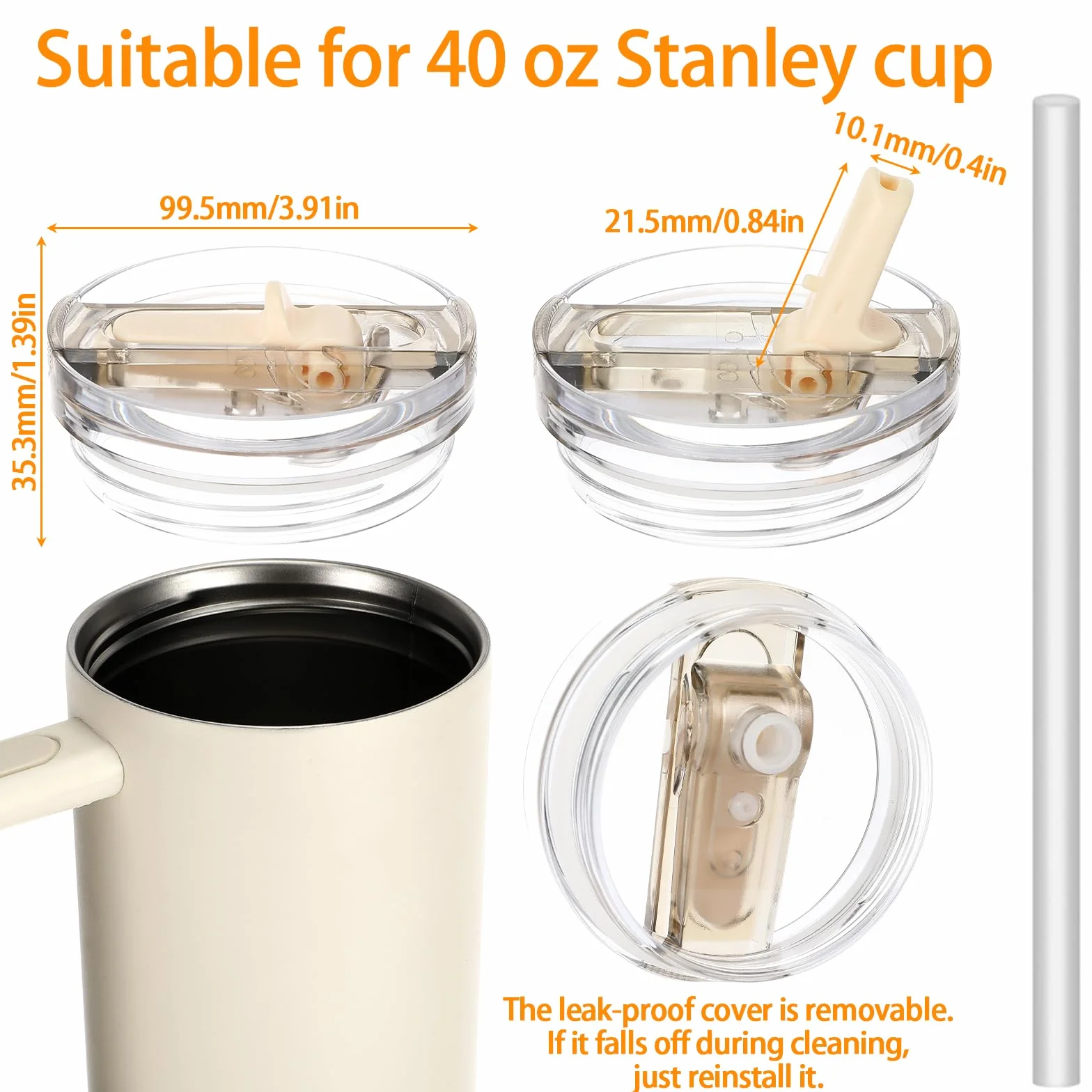 Quuylin Stanley 2 sztuki zapasowych pokrywek do kubka Stanley, szczelna, z 2 słomkami i 1 szczotką ze słomką, zapasowa pokrywka wielokrotnego użytku do kubków 40 oz (biała)
