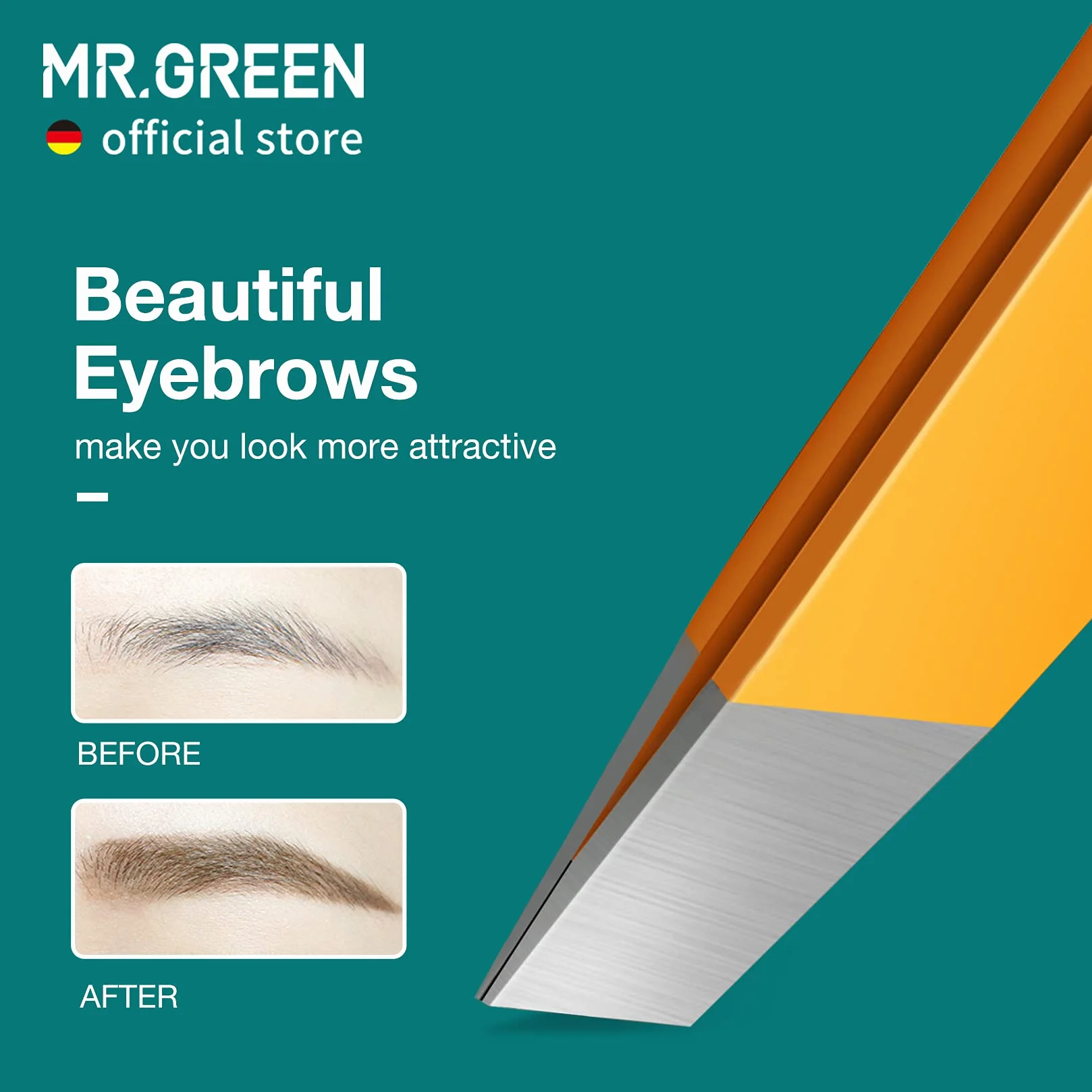 MR.GREEN Pęseta do brwi ze stali nierdzewnej ukośna pomarańczowa