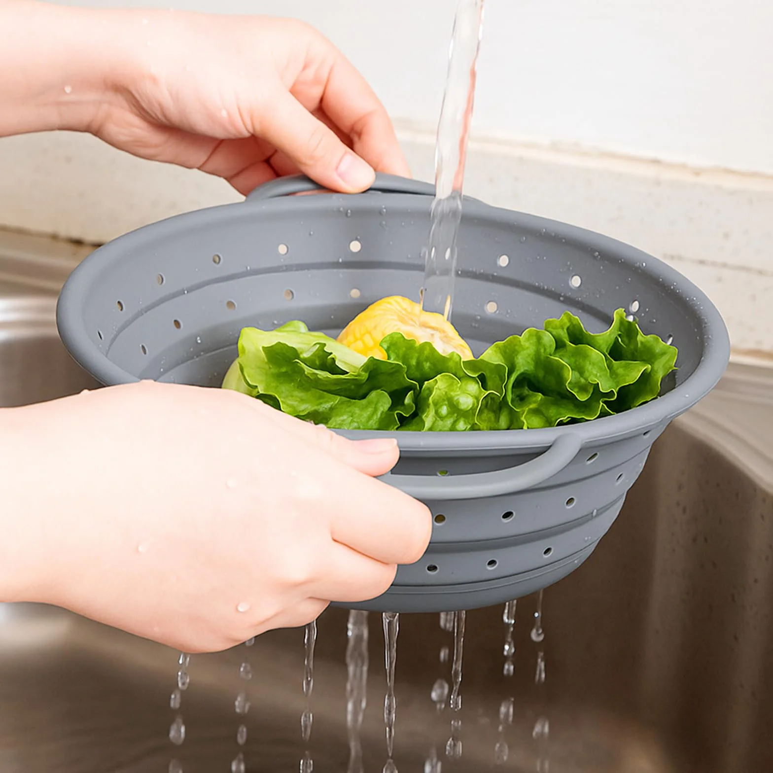 Sitko silikonowe, składane, Ø 22 cm, szare, silikonowe sitko kuchenne z uchwytami, kosz ociekający, sitko do makaronu, warzyw i owoców – sitko kuchenne, nadaje się do mycia w zmywarce, do kuchni i na