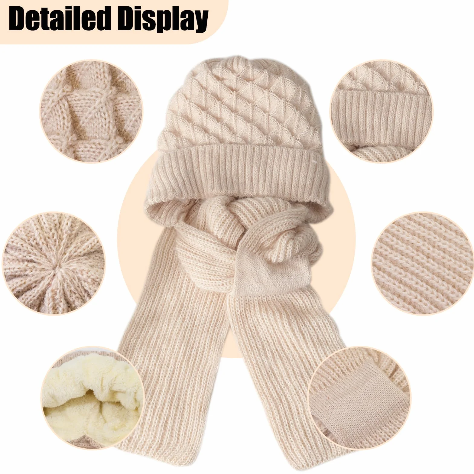 JSTHHTT Zimowe rękawiczki damskie z czapką i szalikiem, dzianinowa czapka typu beanie pętla, elastyczna czapka z szalikiem dla kobiet, zimowa ciepła dzianinowa czapka, ciepła pluszowa podszewka,