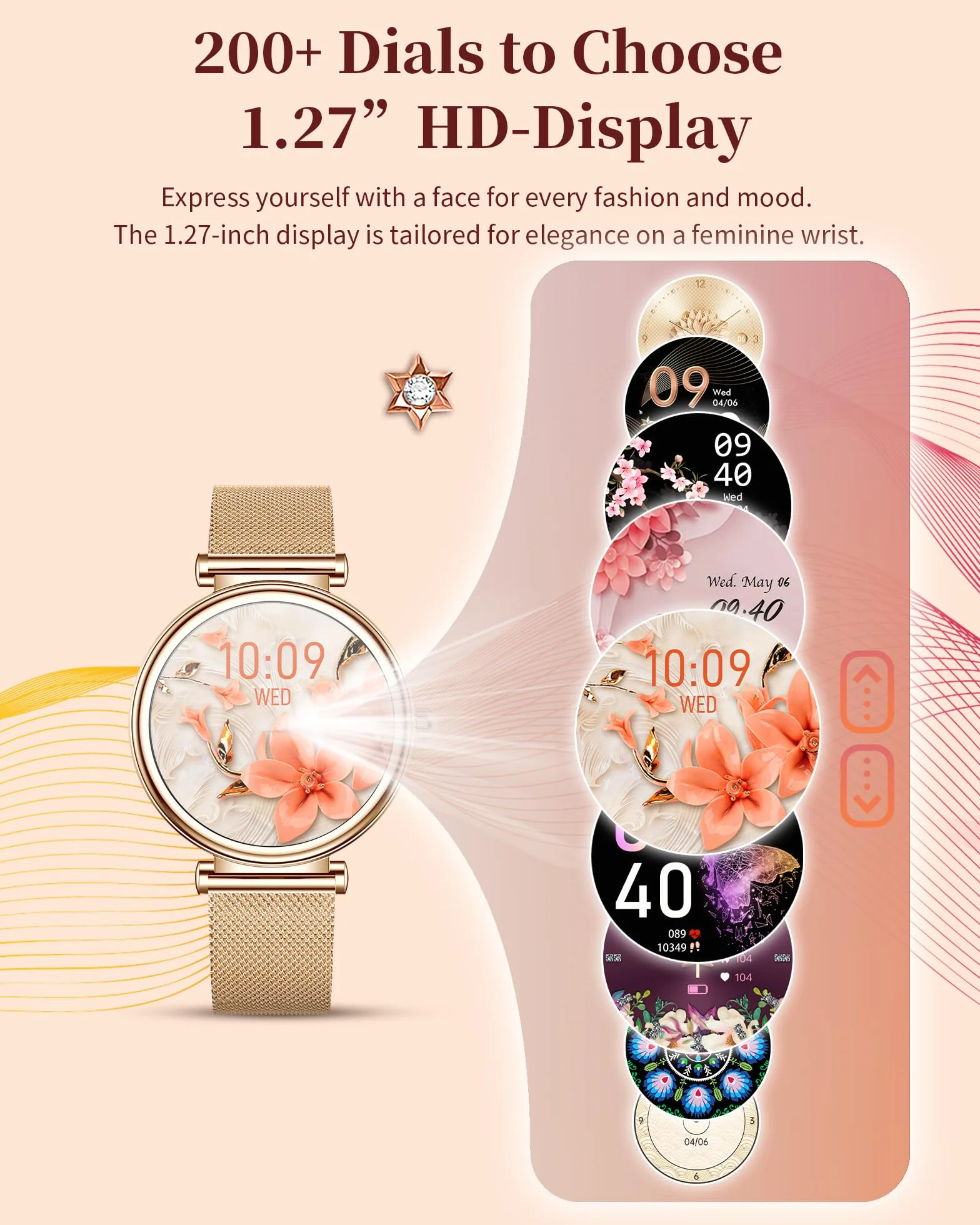 Smartwatch dla kobiet, Fitness Tracker z funkcją telefonu, wodoodporny IP68 1,3-calowy HD ekran dotykowy, z pulsometrem, pomiarem ciśnienia krwi, monitorowaniem snu, zegarek sportowy