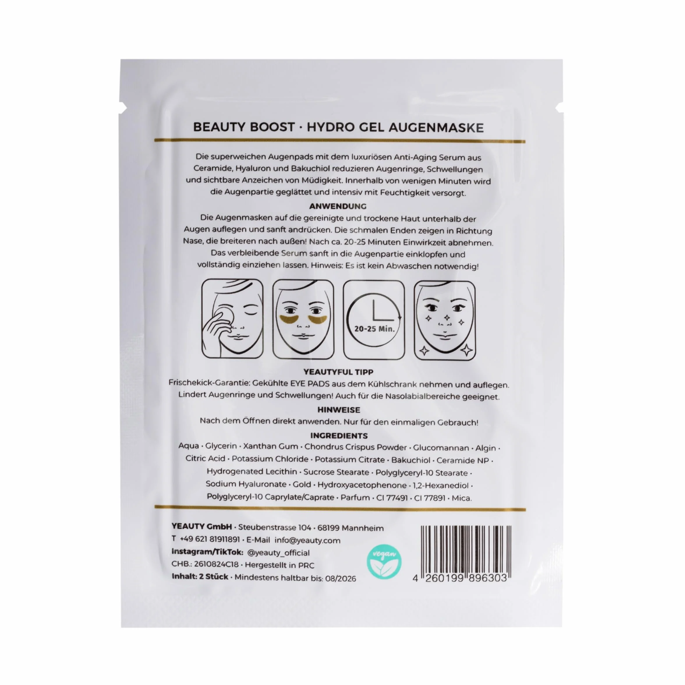 YEAUTY Beauty Boost Eye Pad Mask, super miękkie płatki pod oczy z luksusowym serum przeciw starzeniu się skóry z ceramidu, kwasu hialuronowego i bakuchiolu redukują cienie pod oczami i wygładzają