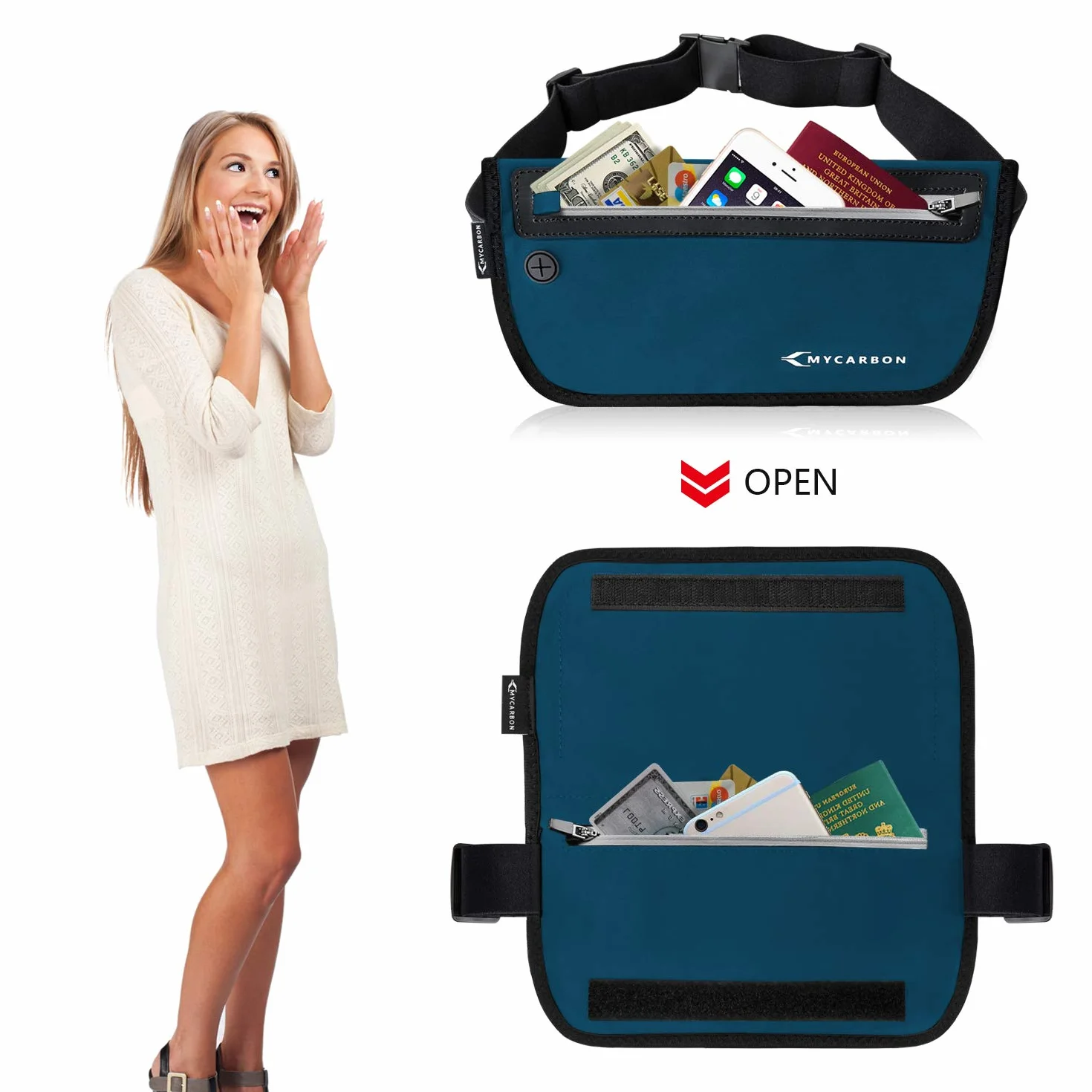 MYCARBON Podróżny pasek na pieniądze RFID przed niewidoczną kradzieżą tajny portfel ukryty pod ubraniem, pasek, portfel, bezpieczeństwo, torba podróżna, wodoodporna nerka na pieniądze, karty,