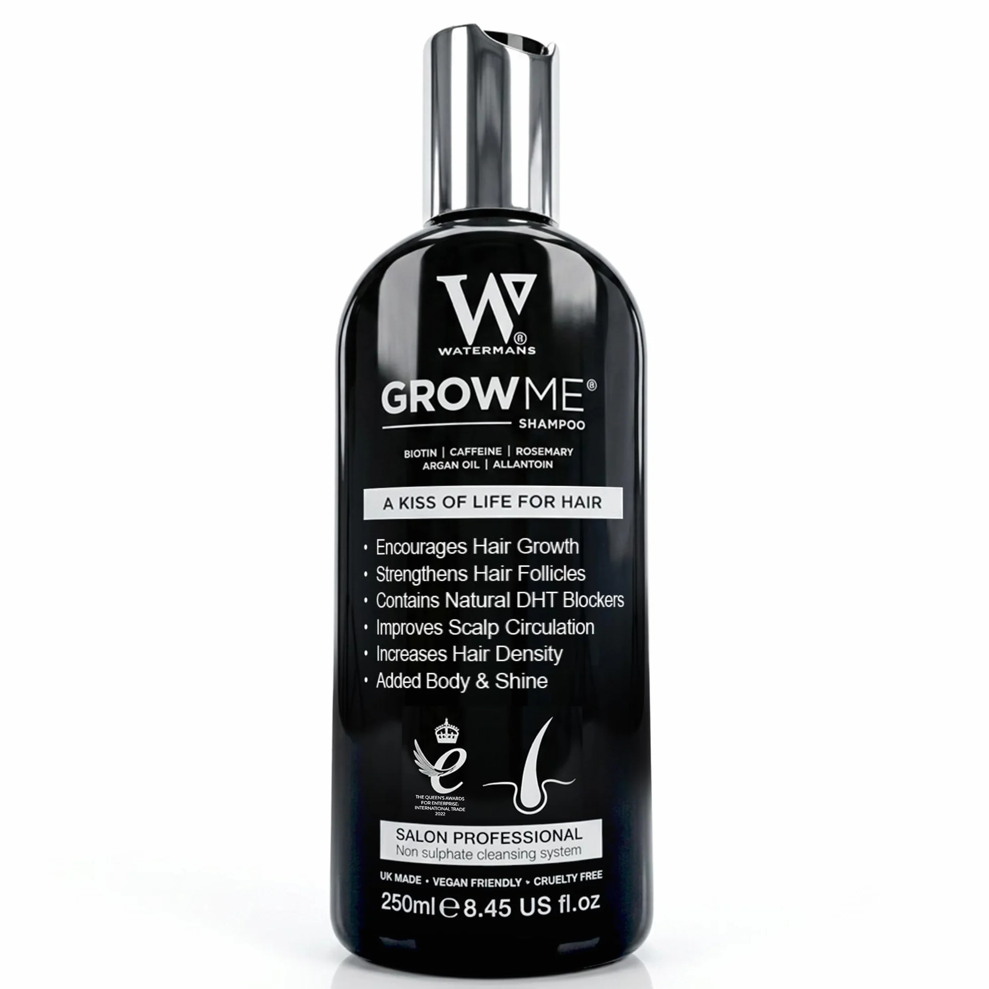 Szampon Grow Me® Hair Growth, bez siarczanów, wegański, z kofeiną, biotyną, olejem arganowym, alantoiną i rozmarynem. Stymuluje wzrost włosów, idealny dla wolno rosnących włosów u mężczyzn i kobiet.