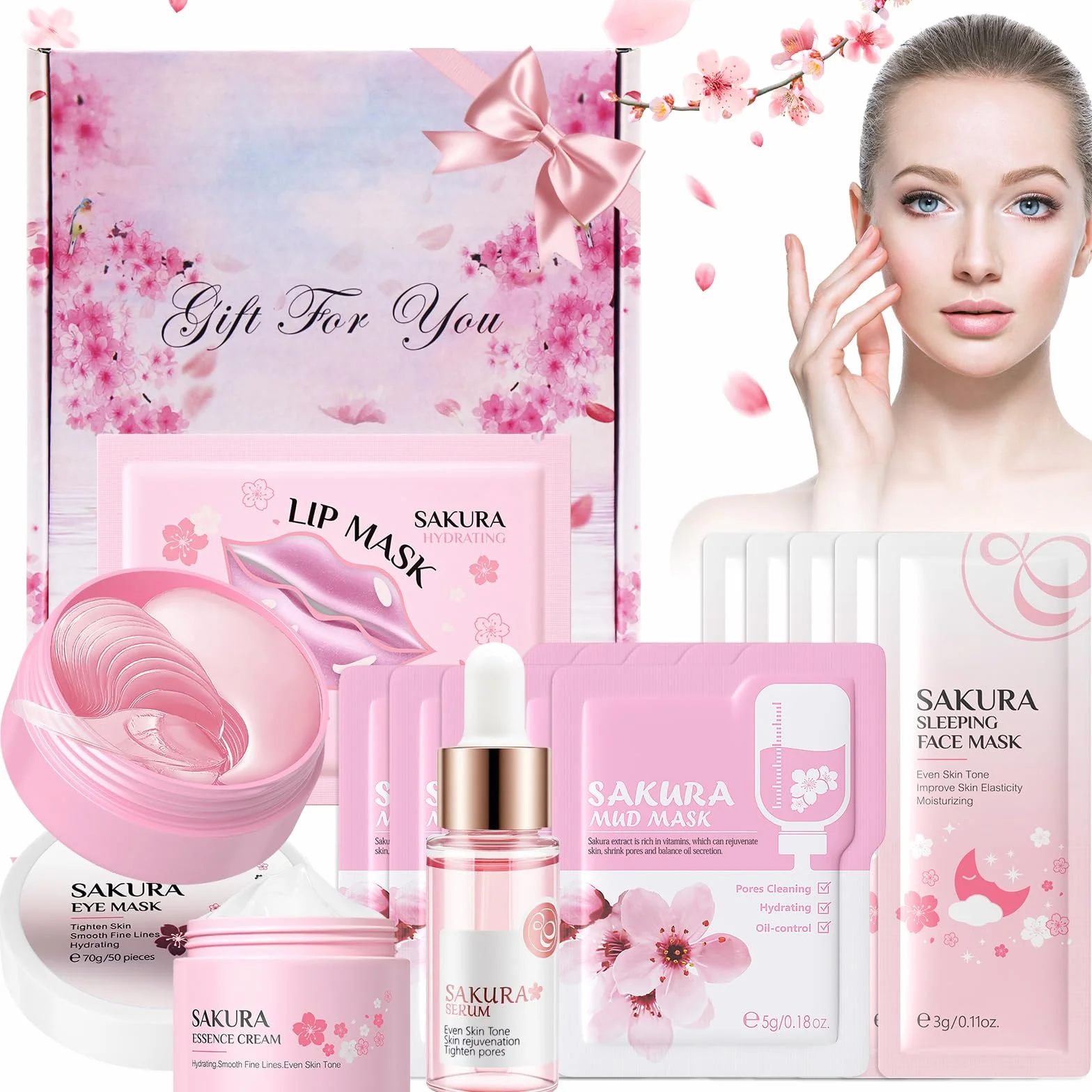 Zestaw upominkowy do pielęgnacji skóry, zestaw do pielęgnacji skóry, zestaw do pielęgnacji skóry Sakura, do pielęgnacji twarzy z ekstraktem z kwiatów wiśni dla kobiet