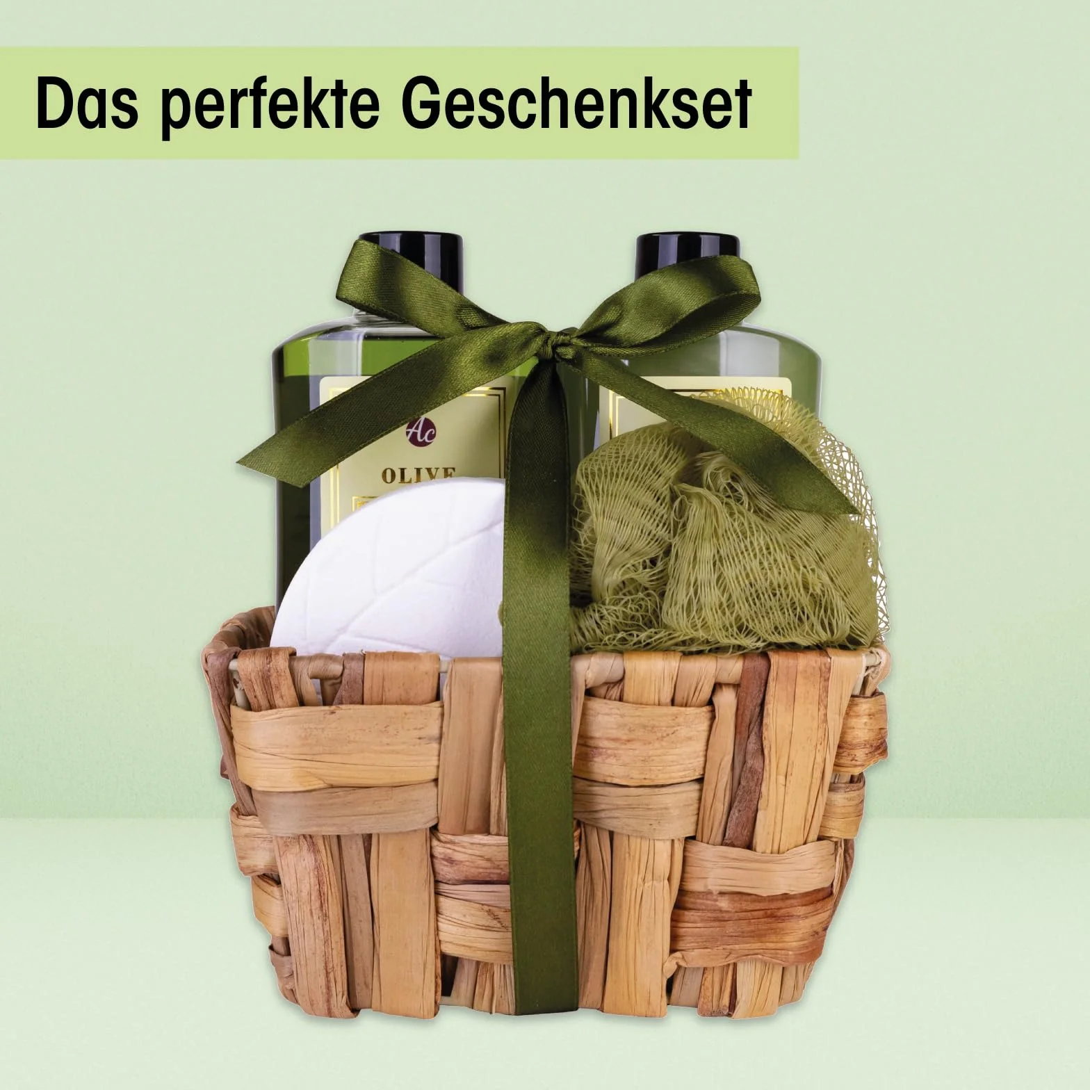 Accentra - Zestaw do kąpieli, zestaw upominkowy dla kobiet, OLIVE w koszach z trawy morskiej, zestaw prysznicowy na prezent z żelem pod prysznic, pianką, kulą kąpielową i gąbką z siatki, 4-częściowy