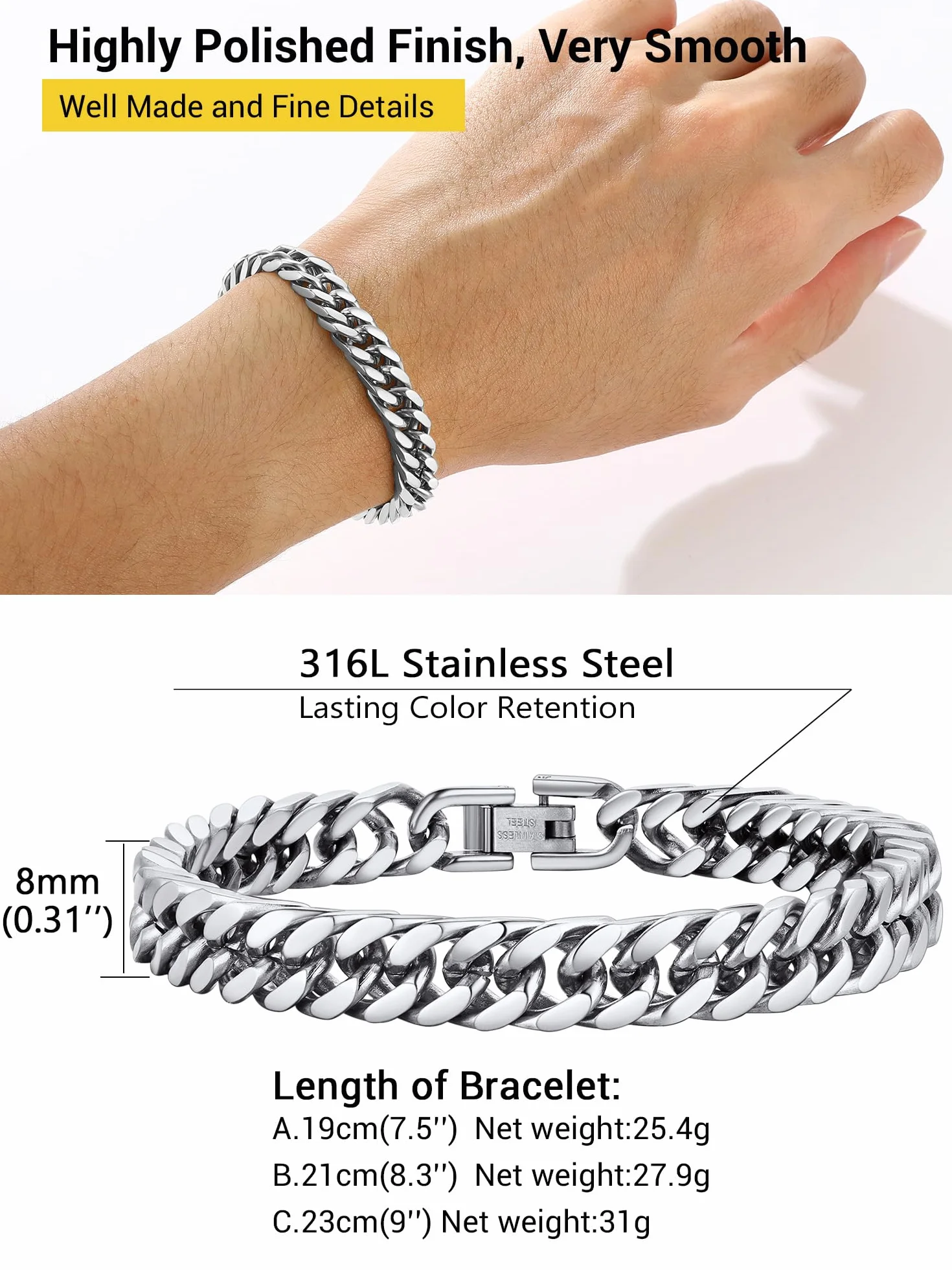 PROSTEEL Bransoletka łańcuszkowa dla mężczyzn, szerokość 17 mm, kubańska bransoletka ogniwowa, srebrna/pozłacana, czarna biżuteria hip-hopowa, 19/21/23 cm, dla mężczyzn, chłopców, z pudełkiem