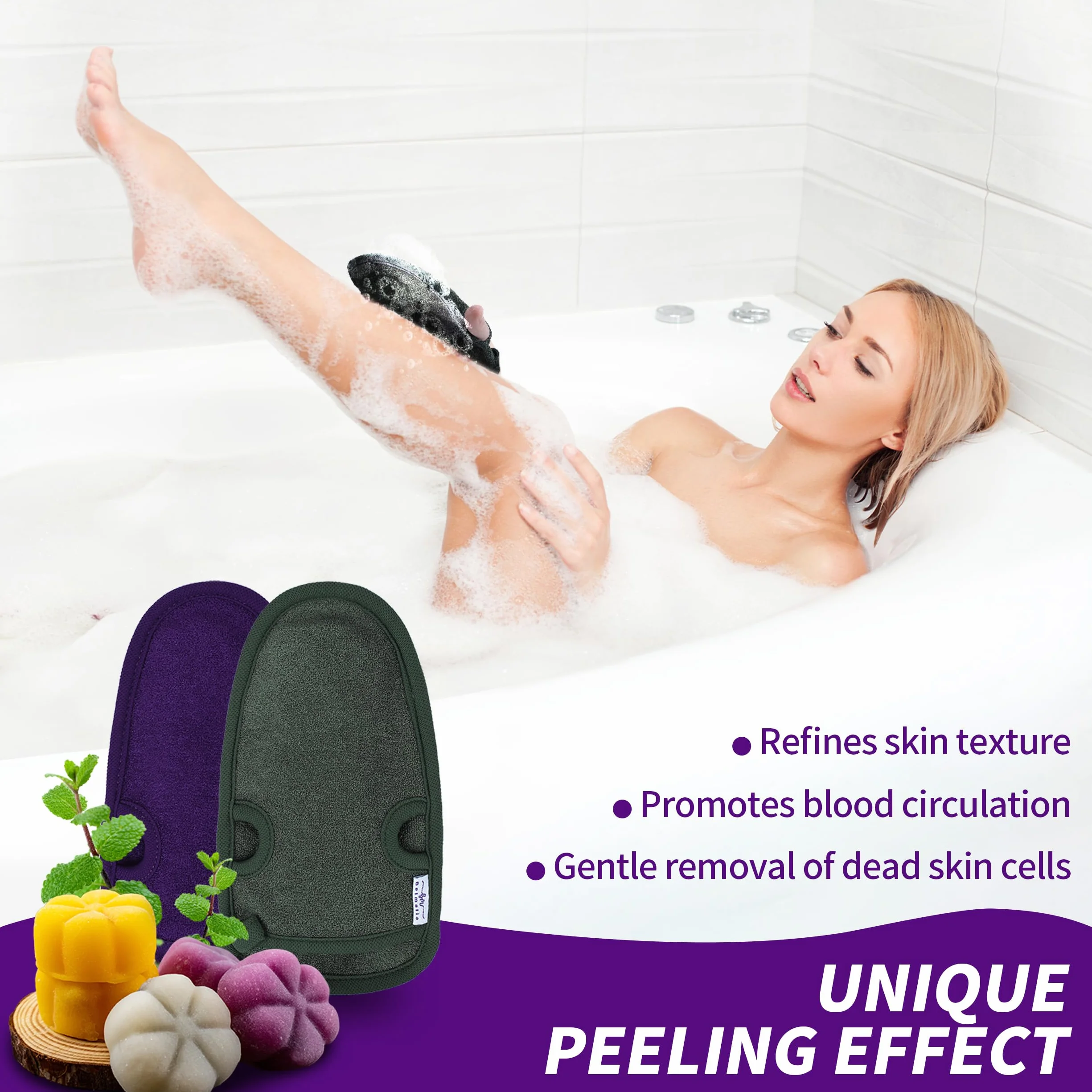 2x Rękawica Peelingująca z Naturalnego Włókna | Usuwa Martwy Naskórek | Gąbka do Peeling Ciała Hammam Spa | Rękawica do Masażu i Peeling Ciała z 2 Metalowymi Haczykamy | Fioletowy + Zielony