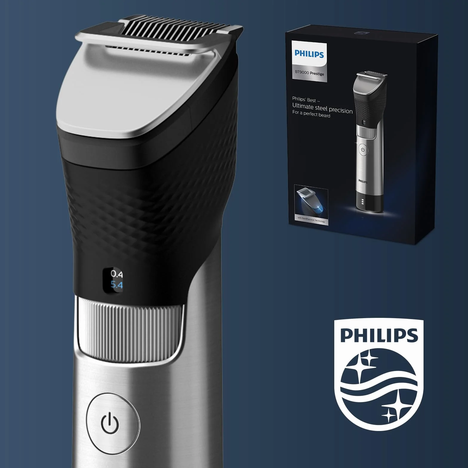 Philips Trymer do brody Philips Series 9000 Prestige z technologią SteelPrecision, 3-stopniowym wskaźnikiem naładowania baterii, czasem pracy do 120 minut / czasem ładowania 1 godzina, model BT9810/15