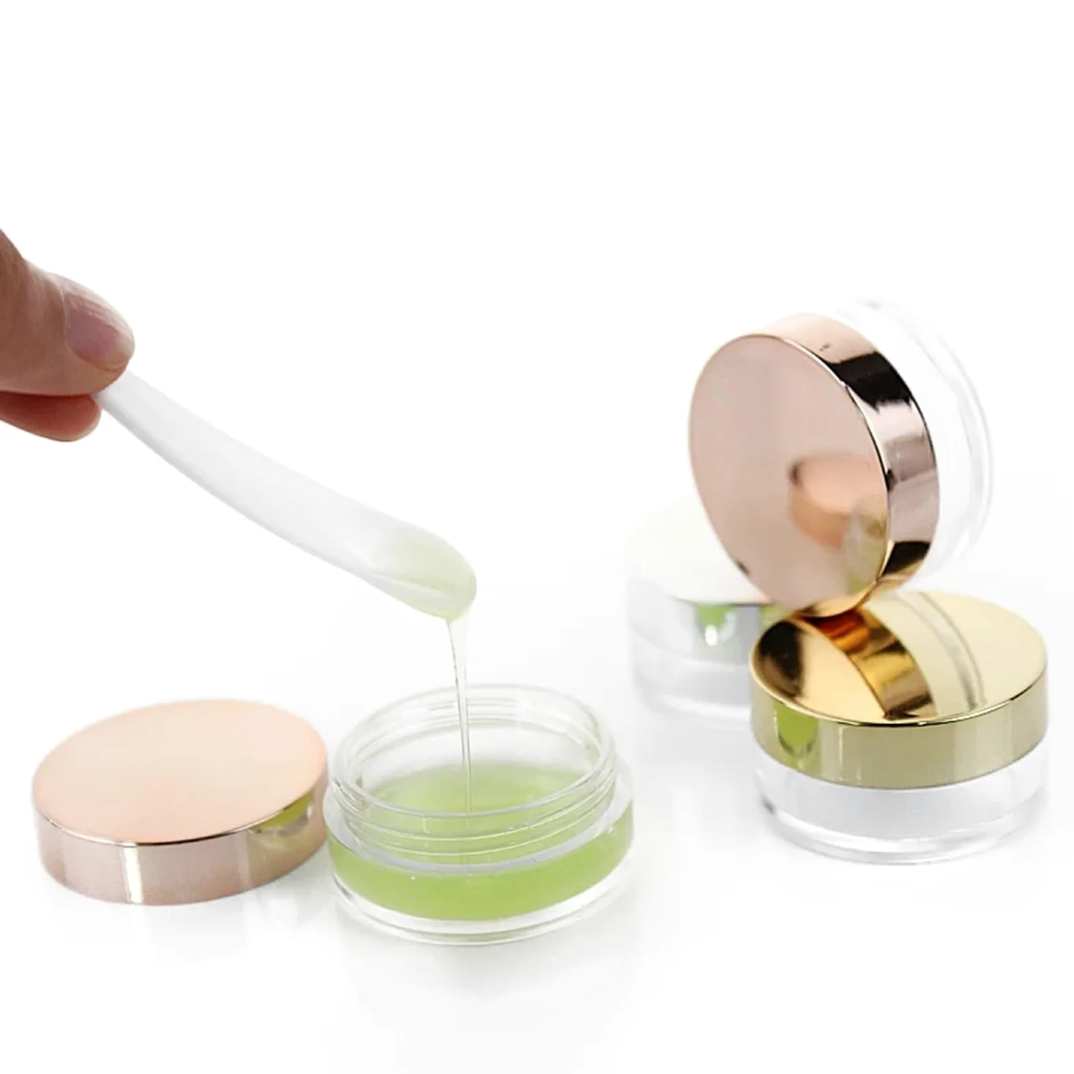 Pojemniki na peeling do ust 30 szt./zestaw 10 g puste słoiki plastikowy pojemnik na kosmetyki do wielokrotnego napełniania butelka na krem do twarzy makijaż słoik z pokrywką (złota czapka, 100 szt.)