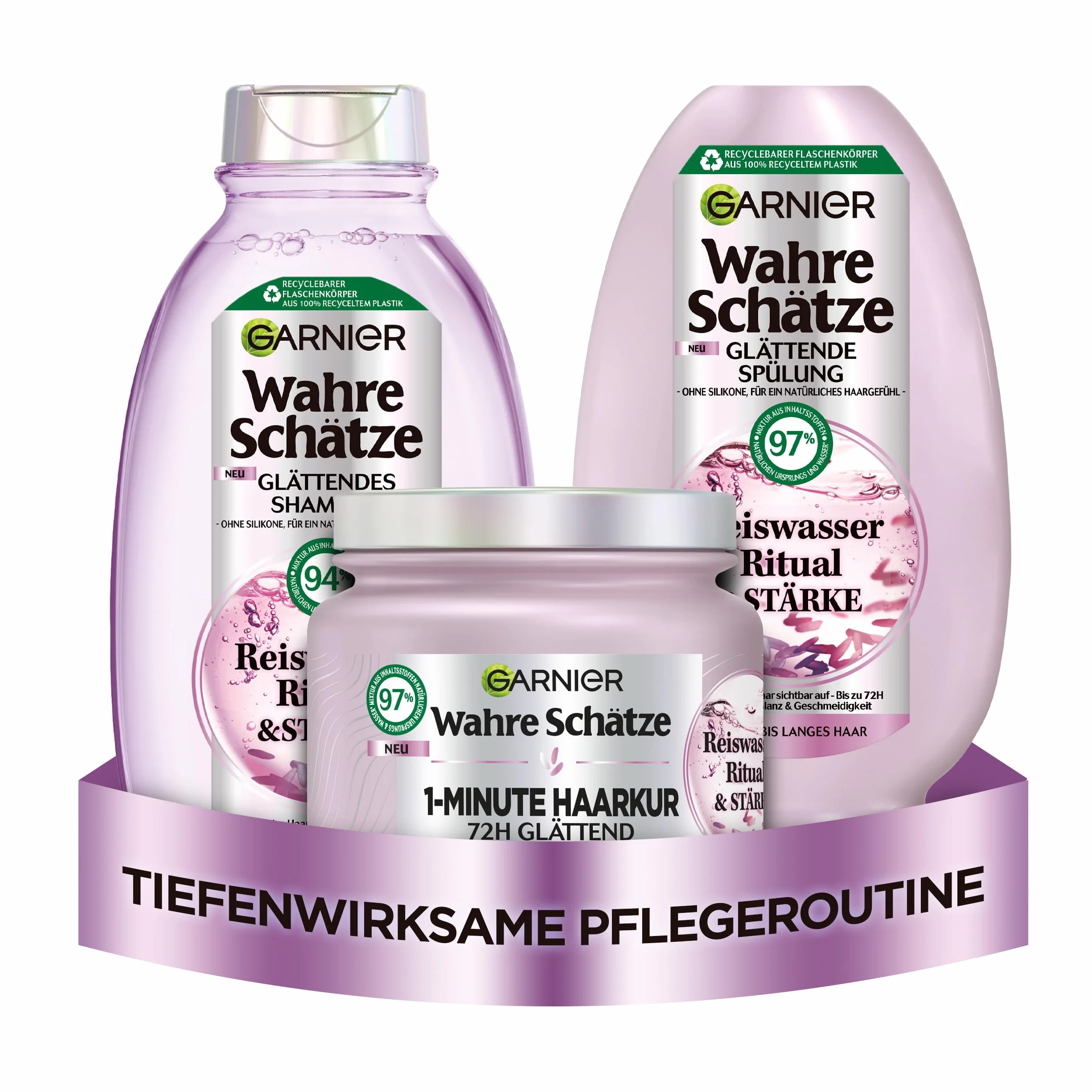 Garnier True Schätze zestaw do pielęgnacji włosów z wodą ryżową do włosów średniej długości, dla uzyskania połysku i gładkości, szampon (250 ml), odżywka (200 ml), 1-minutowa kuracja do włosów (340