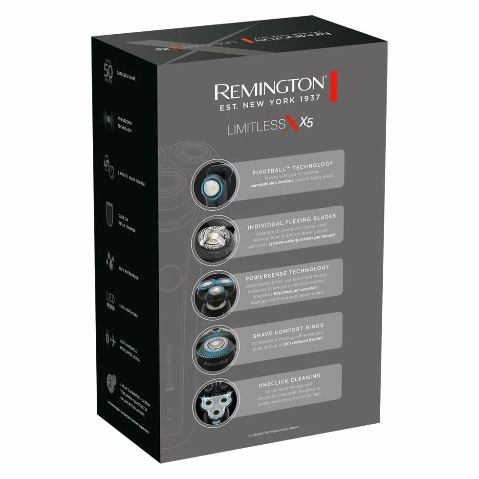 Remington X5 Limitless X Golarka elektryczna dla mężczyzn z hybrydowym systemem tnącym SynX, rotacyjna, na mokro i na sucho, trymer, elastyczne głowice, bezprzewodowa, 360° PivotBall, USB, XR1755