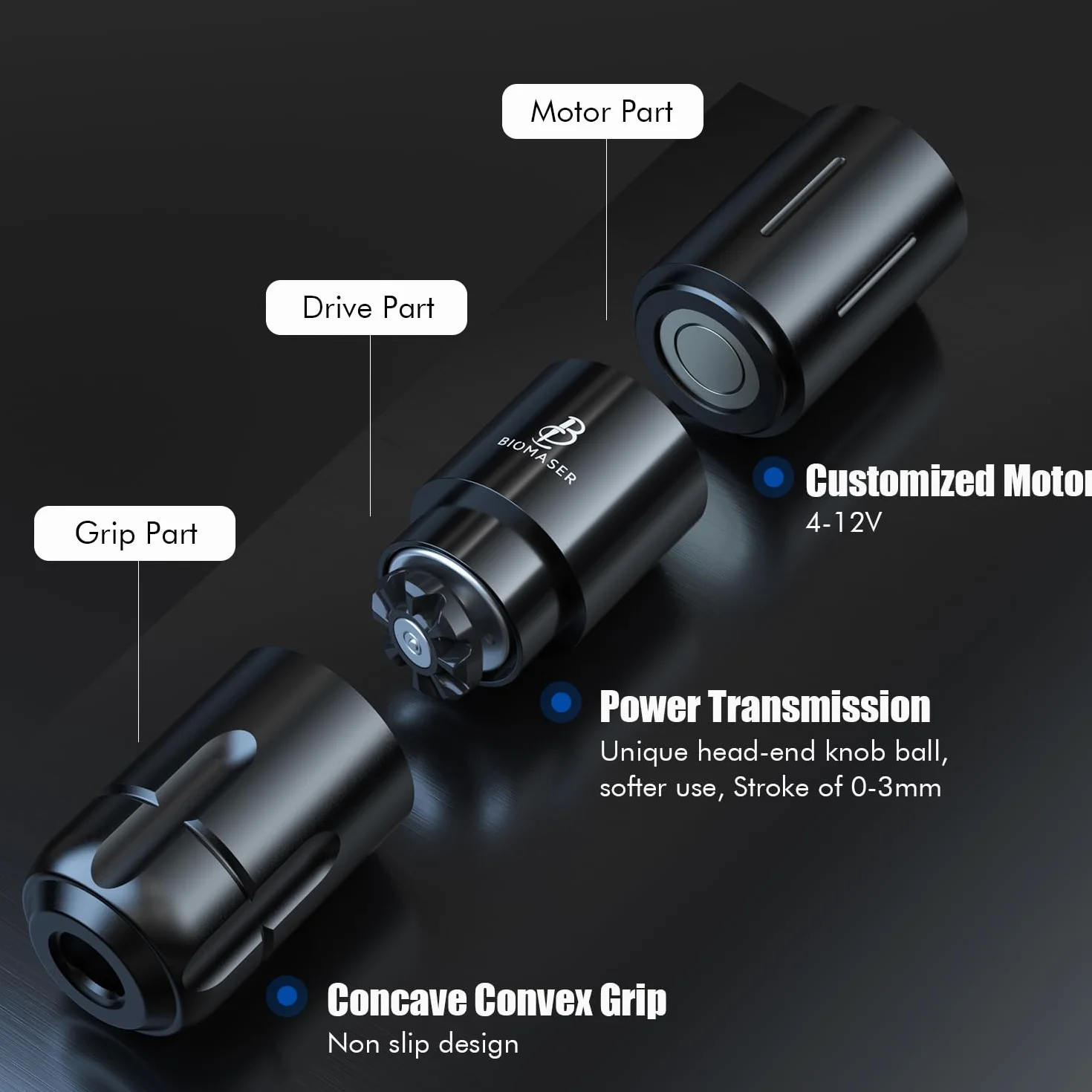 Biomaser Bezprzewodowe Pióro Maszyna 1800mAh Obrotowy Zestaw 30 szt.