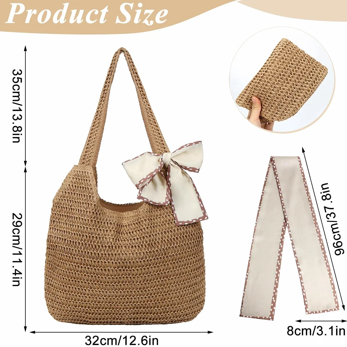Damska torba plażowa, pleciona torba w stylu boho, szydełkowana torba letnia, torba plażowa, szydełkowana, torebka słomkowa, damska letnia torba na ramię, na urlop, podróż, plażę, lato i na co dzień