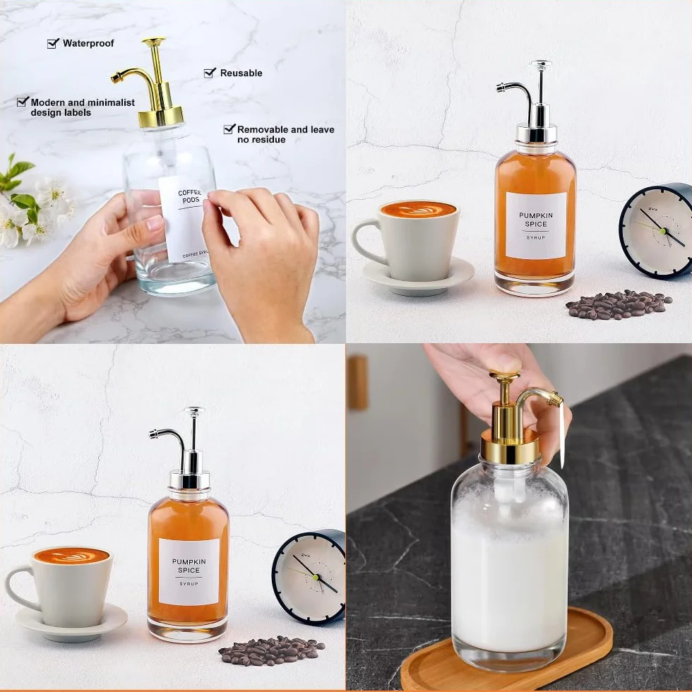 Dozownik syropu kawowego, dozownik syropu 500 ml, szklana butelka syropu z eleganckimi pompkami i 36 etykietami, lejkiem i pompką, dozownik do syropu, dozownik miodu, pompa do syropu kawowego