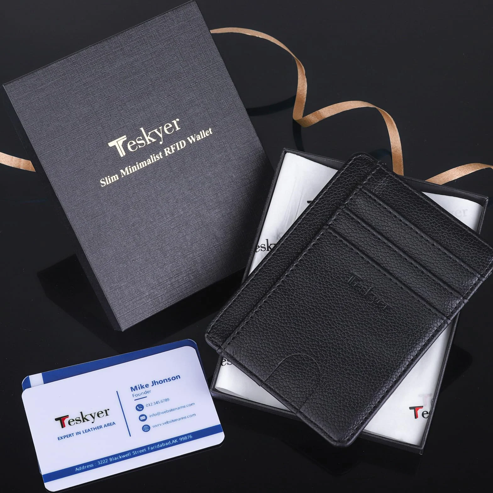Teskyer Portfel na karty, wąskie portfele na karty kredytowe, minimalistyczne, blokowanie RFID, 1 okienko na dowód osobisty, mieści do 8 kart, Czarny, Slim (11.7 x 8.1 x 1 cm), Minimalistyczny