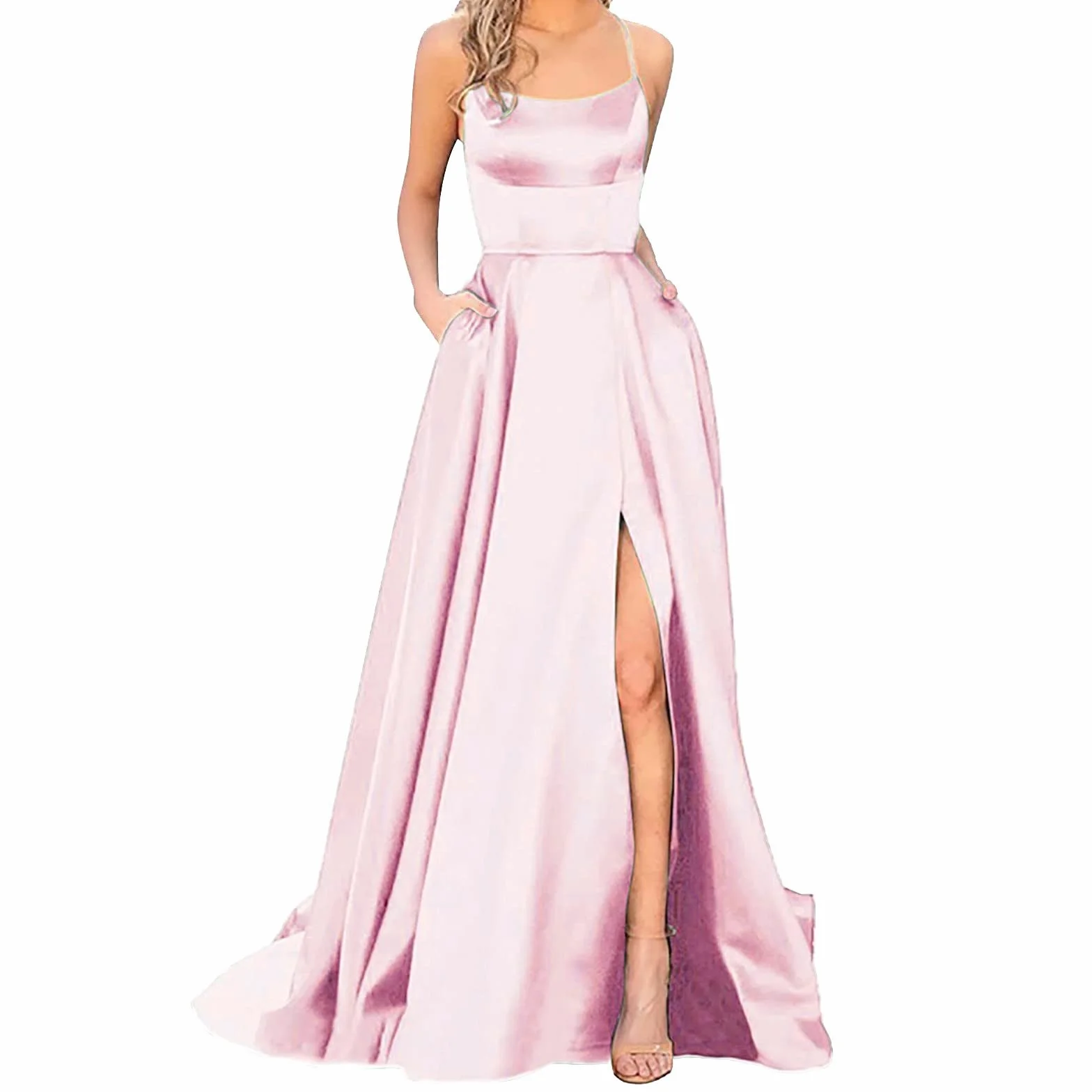 Sukienki balowe damskie długie eleganckie halter z tyłu długie sukienki skrypty satyna spaghetti sukienka na studniówkę rozcięcie boczne suknia ślubna z kieszeniami Cechy: czerwony vintage