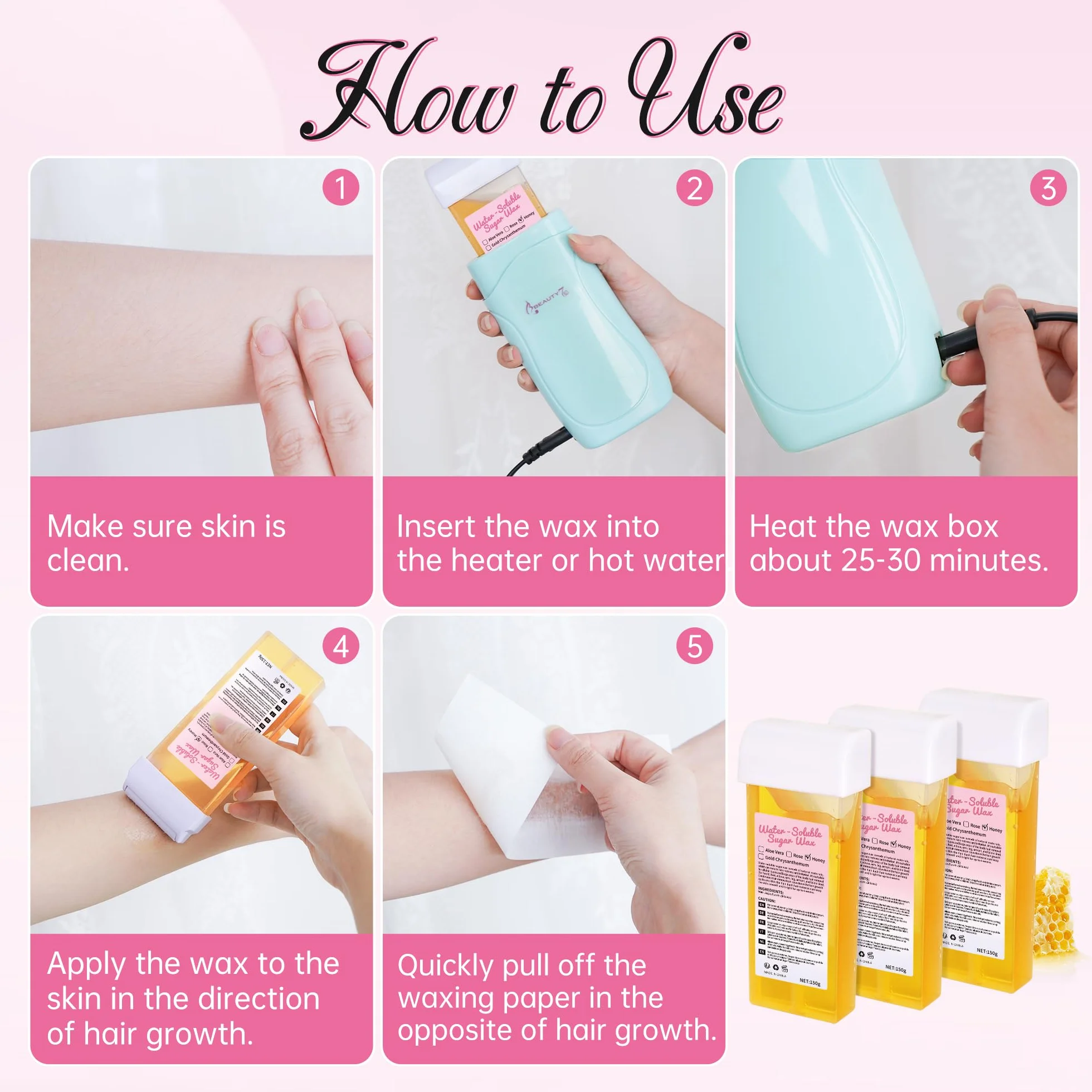 Beauty7 Zestaw wkładów woskowych Roll-on Wax, wkłady woskowe, wkłady z gorącym woskiem, do usuwania włosów pod pachami, okolice intymnej, nóg i klatki piersiowej, 3 sztuki x 150 ml