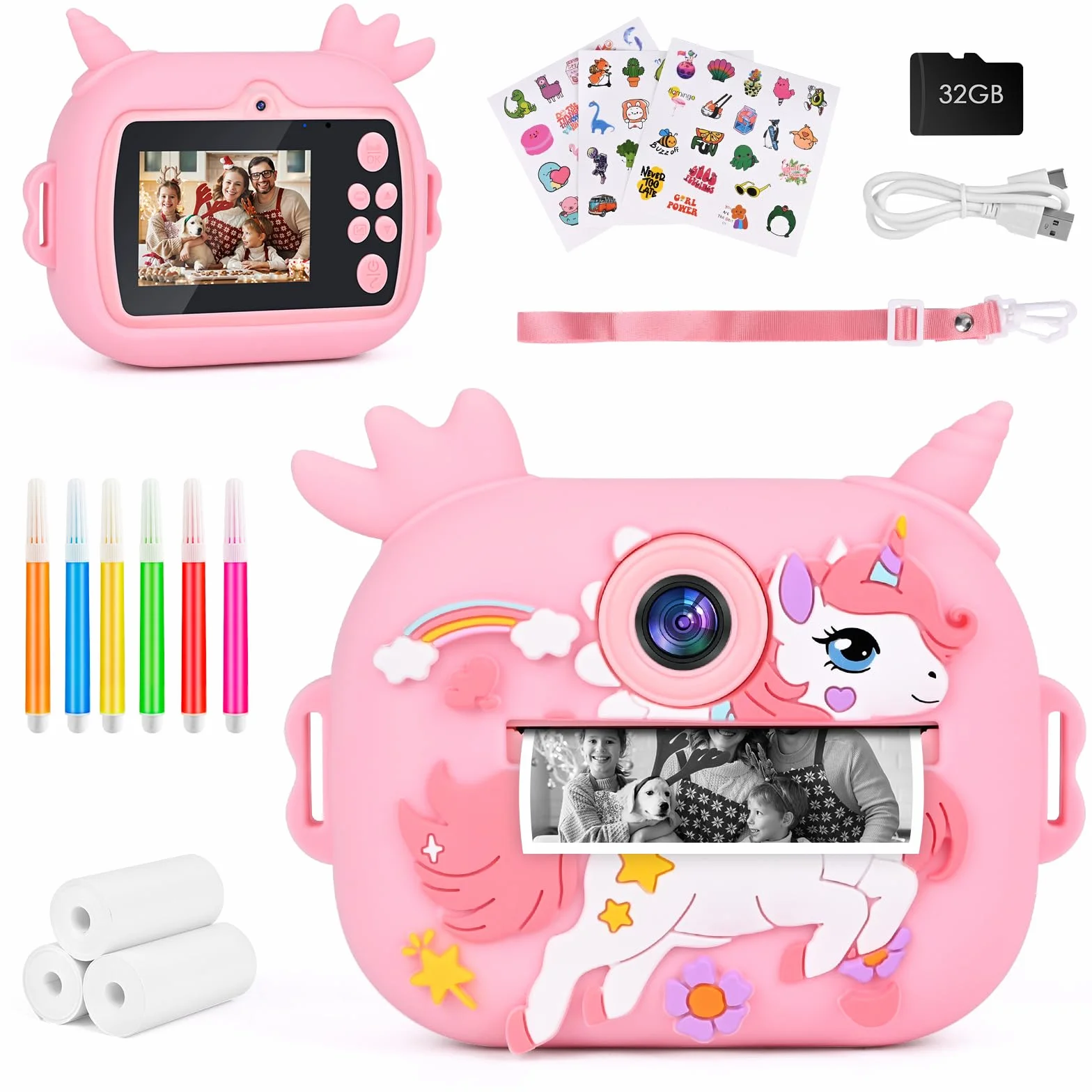 Natychmiastowy aparat dla dzieci, 2,4 cala 1080P Selfie aparat dla dzieci, aparat cyfrowy z 32 GB kartą i papierem fotograficznym, prezenty świąteczne od 3 do 12 lat (różowy)