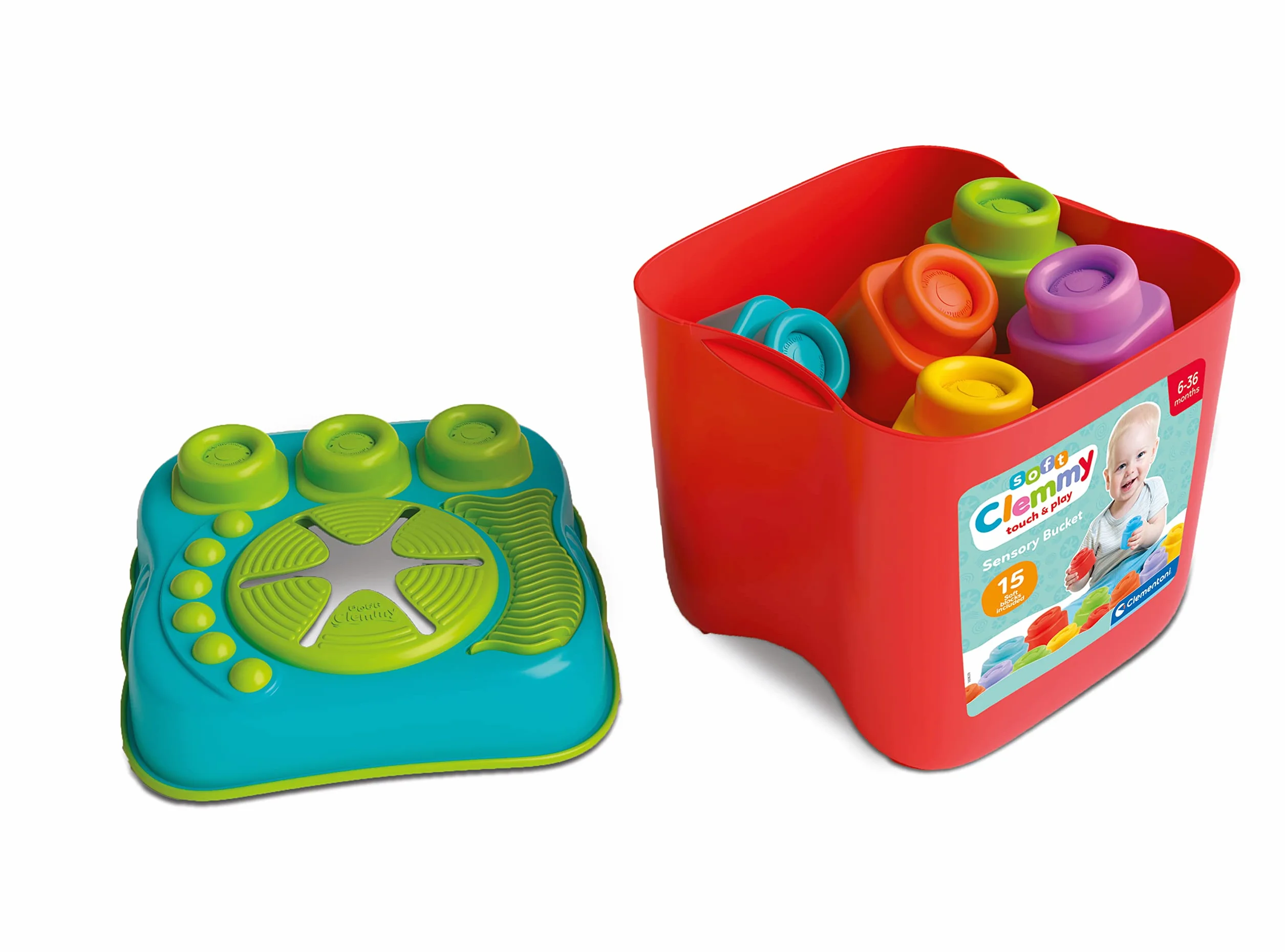 Clementoni - 17807 - Soft Clemmy - Sensory Bucket - Zabawka Konstrukcyjna Dla Dzieci Od 6 Miesięcy, Miękkie Klocki