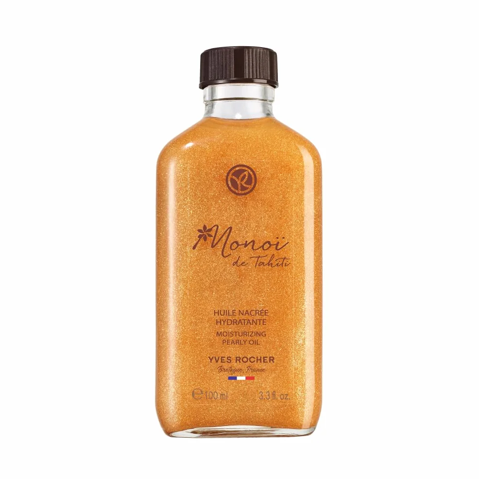 Yves Rocher Rozświetlający olejek do ciała Monoi – nawilżający olejek z Tahiti z drobinkami perły – satynowy połysk i złocista skóra – naturalna formuła, zapach lata – do ciała i włosów – 100 ml
