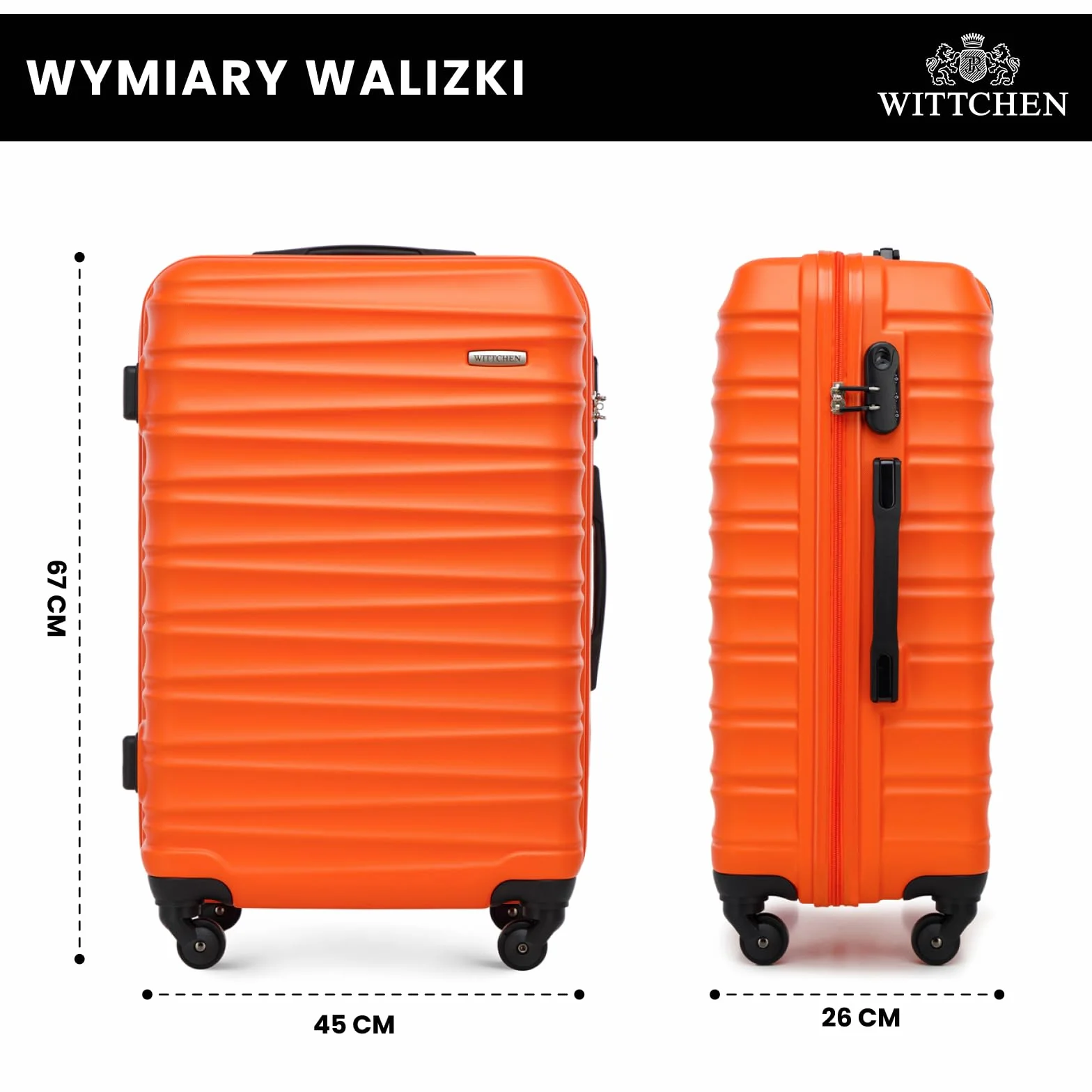WITTCHEN GROOVE Line Średnia walizka Lekki bagaż Walizka podróżna Twardy bagaż ABS Zamek szyfrowy Teleskopowa rączka 4 obrotowe kółka Rozmiar M Pomarańczowy