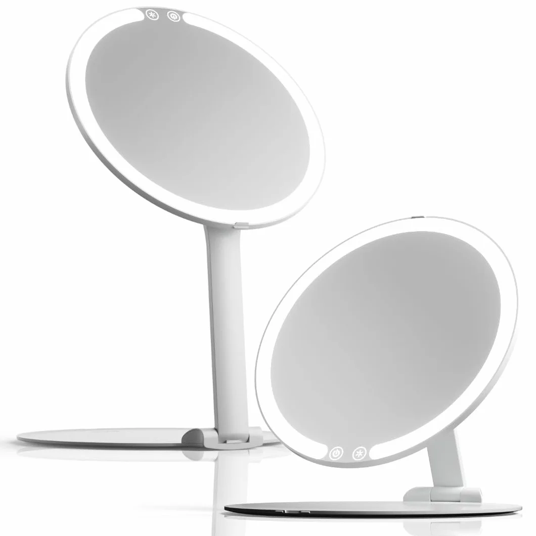 Fancii Podróżne lusterko do makijażu z ładowanym światłem LED, składany stojak 20 cm, 3 kolorowe oświetlenie lusterko podróżne. Ściemnialne i lekkie przenośne lusterko kosmetyczne, niezbędne do