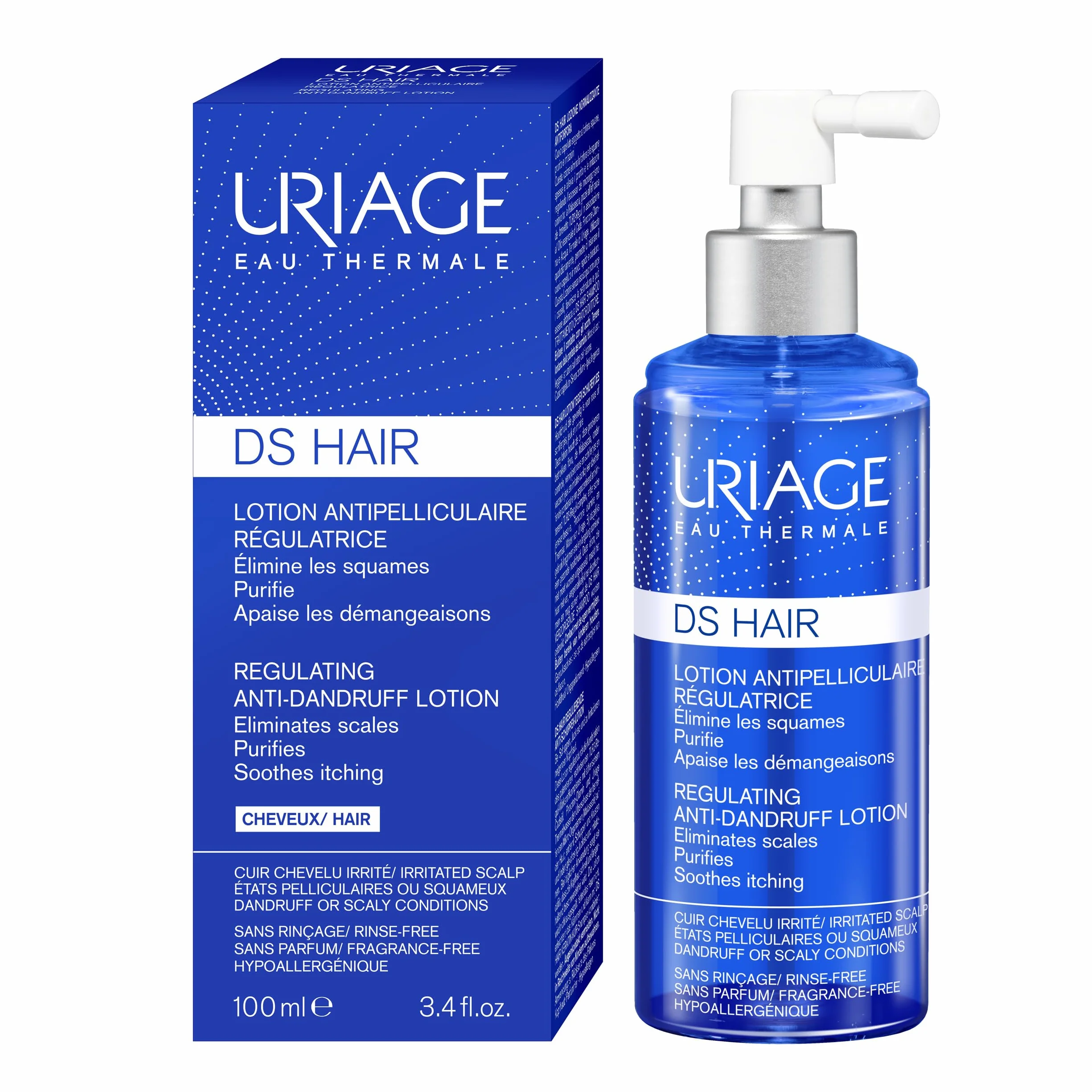 Uriage DS Hair Anti-Dandruff Lotion with Puroctone Olamine & Cade Essential Oil - Reduces Flakes & Instantly Soothes Itching - For Severe Dandruff & Irritated Scalp - Fragrance-free - 100 ml