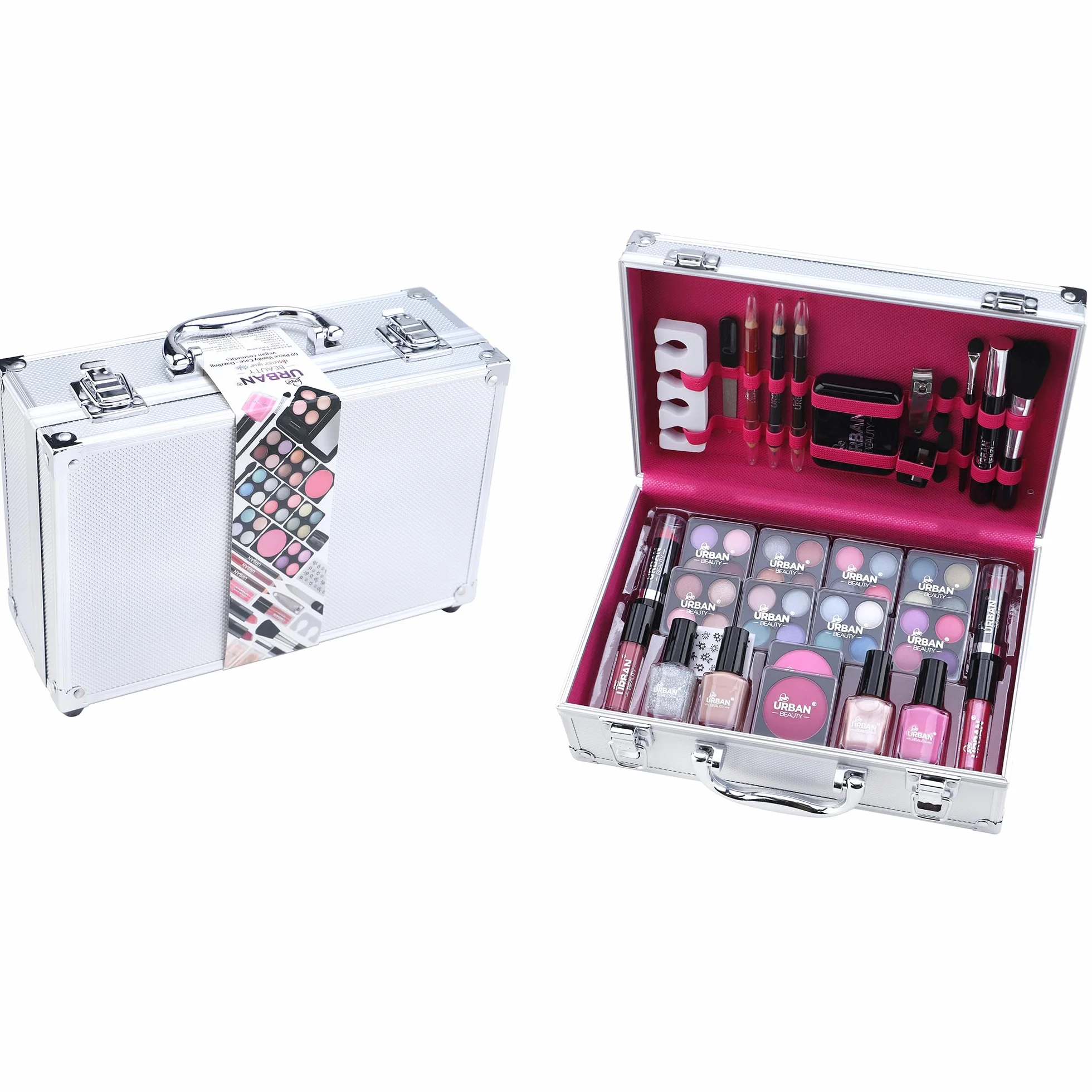 LOVE URBAN BEAUTY Wegańskie Olśniewające etui do makijażu – 60-częściowy zestaw do makijażu i paznokci dla nastolatków – Eleganckie srebrne pudełko – Kompaktowy i lekki design