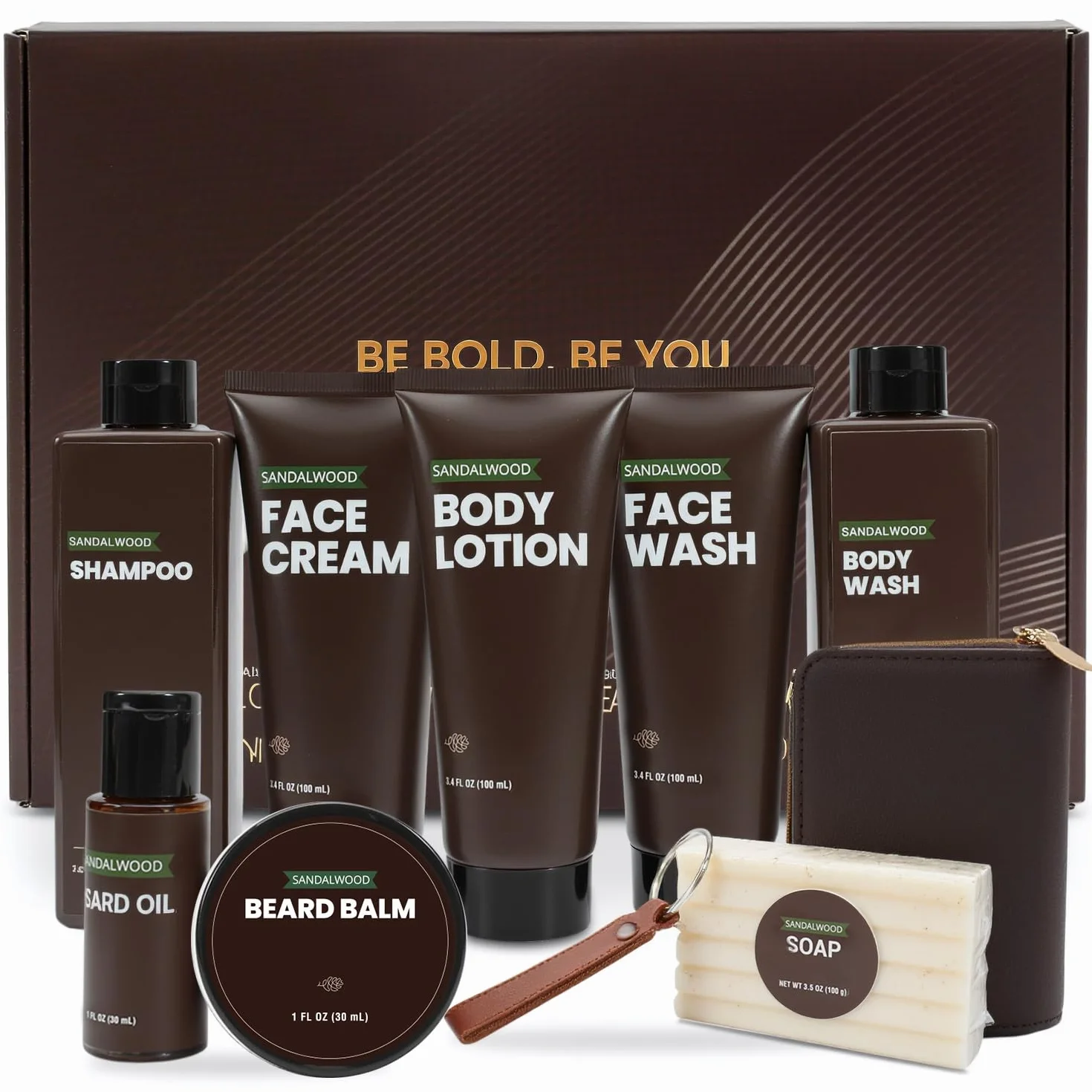 BODY & EARTH Zestaw upominkowy do pielęgnacji dla mężczyzn, drzewo sandałowe, 10-częściowy zestaw pielęgnacyjny z olejkiem barowym, balsam i wizytówką i nie tylko
