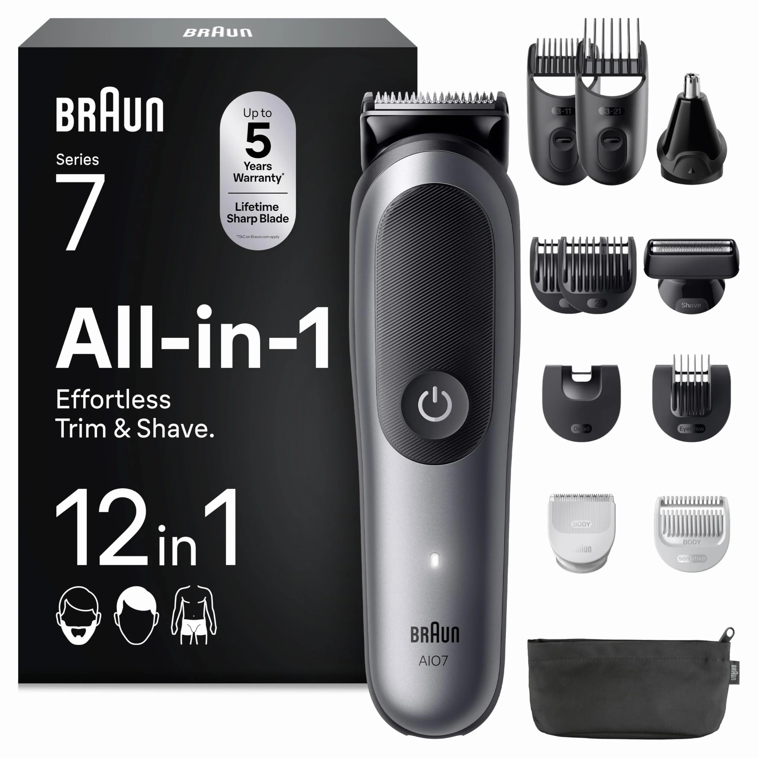 Braun Series 7 All-in-One 12w1 zestaw groomingowy, ProBlade, trymer do nosa, AutoSense, golarka elektryczna, trymer do brody, maszynka do włosów, akumulator 120 min