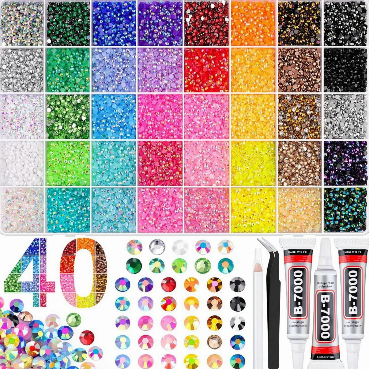 Zestaw do bedazzling z klejem i piórem, 32000 szt. żywicy żelowej z kryształkami, wielokolorowe kryształki płaskie, 3 szt. kleju 10 ml do DIY paznokci