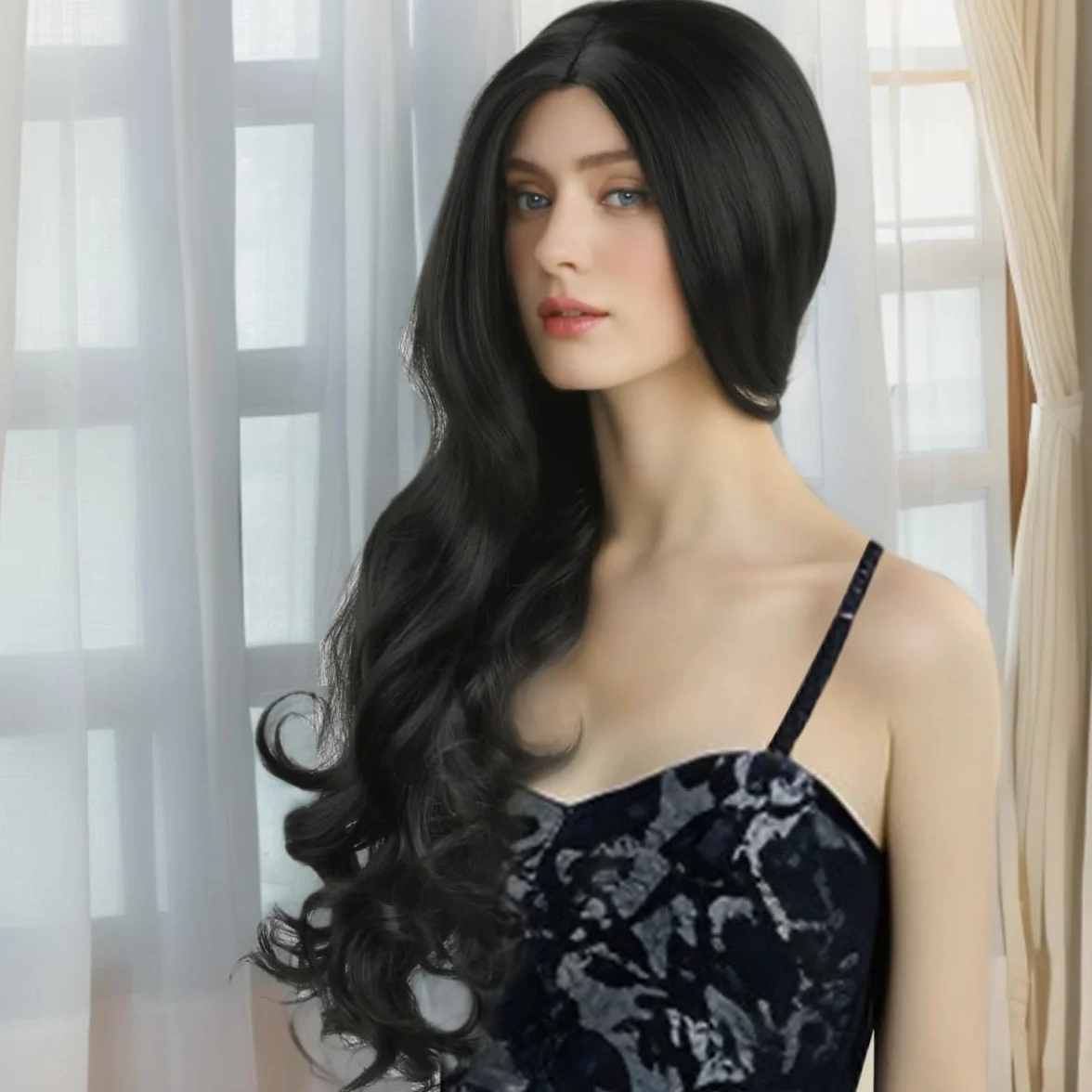 27,5 cala/70 cm długa czarna falowana peruka dla kobiet i dziewcząt, długa czarna kręcona peruka regulowana, rozmiar peruki syntetycznej dla kobiet, Cosplay