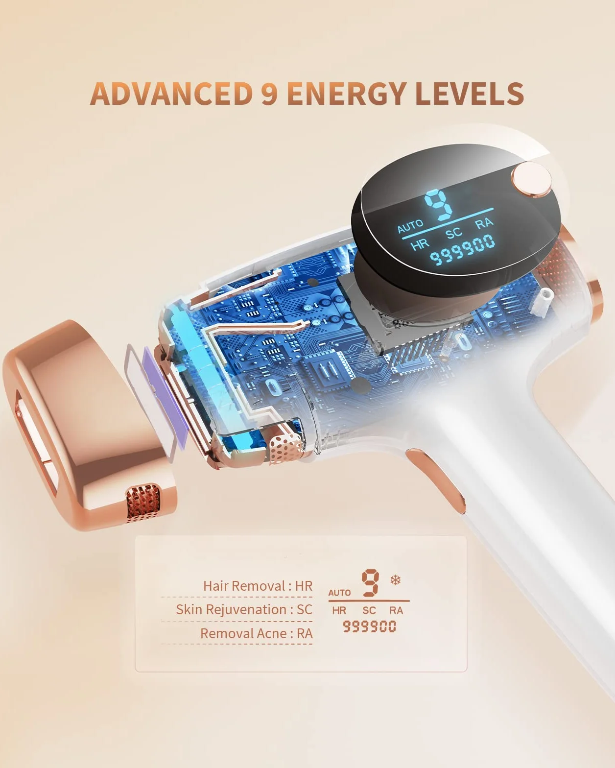 IPL Laser do usuwania włosów 9 poziomów energii 3 funkcje HR/SC/RA 999900 impulsów