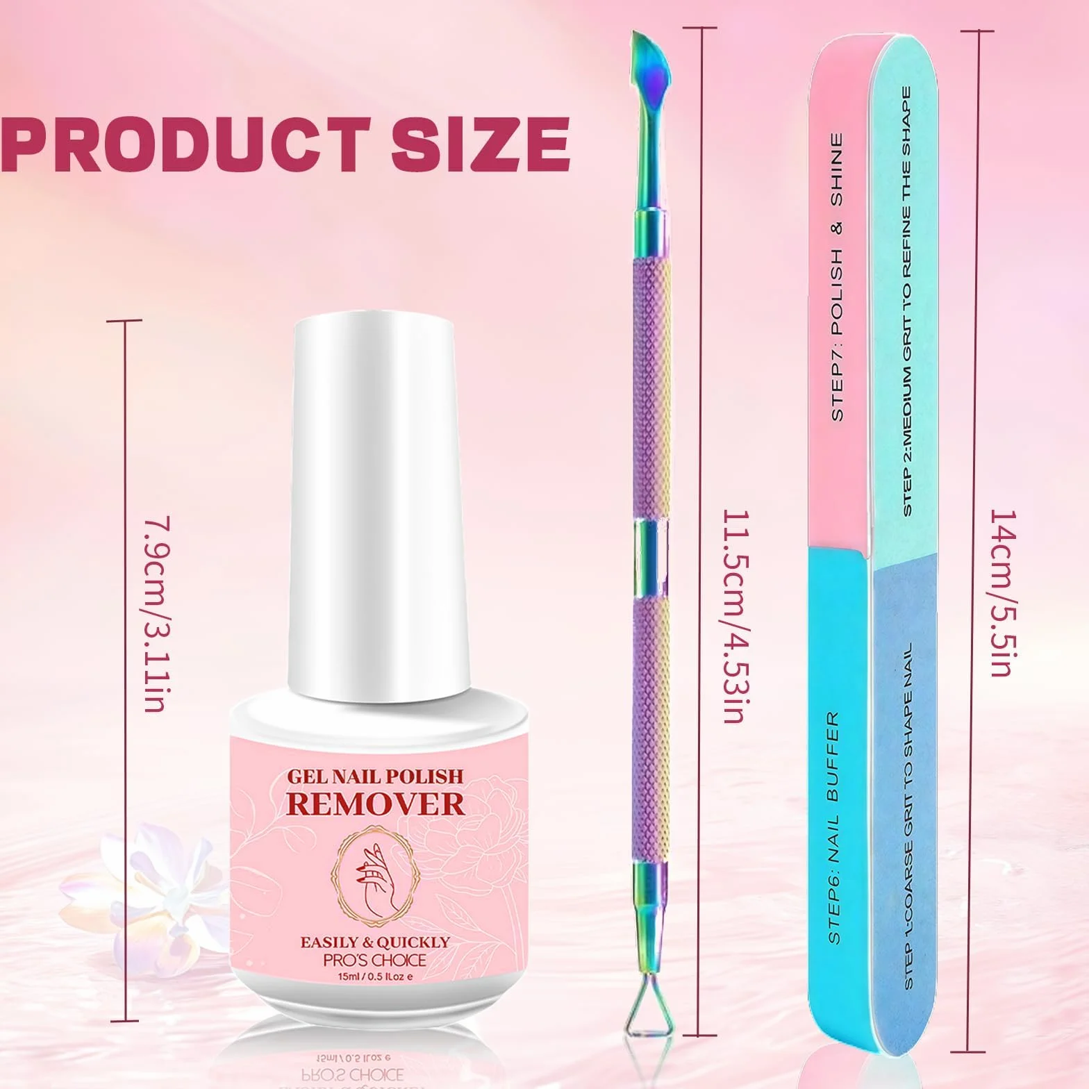 2 x 15 ml zmywacz do paznokci żelowych, zmywacz do paznokci żelowych, zmywacz do paznokci, zmywacz do paznokci z popychaczem do skórek i skrobakiem do paznokci, ciemnoróżowy