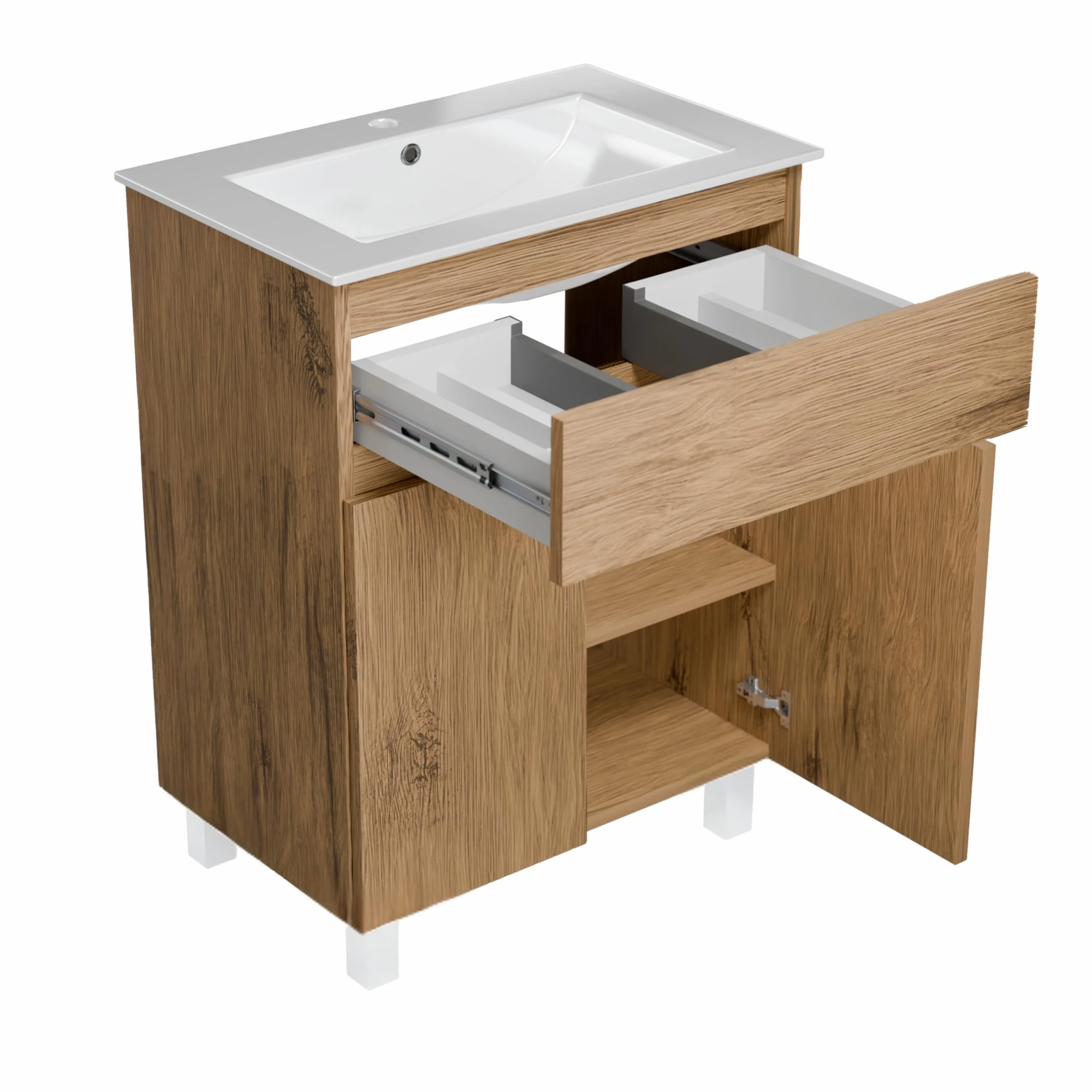 Umywalka z szafką podumywalkową, szerokość 60 cm Ariza SINK, szafka podumywalkowa z szufladą, wisząca lub stojąca - drewno/dąb Lancelot